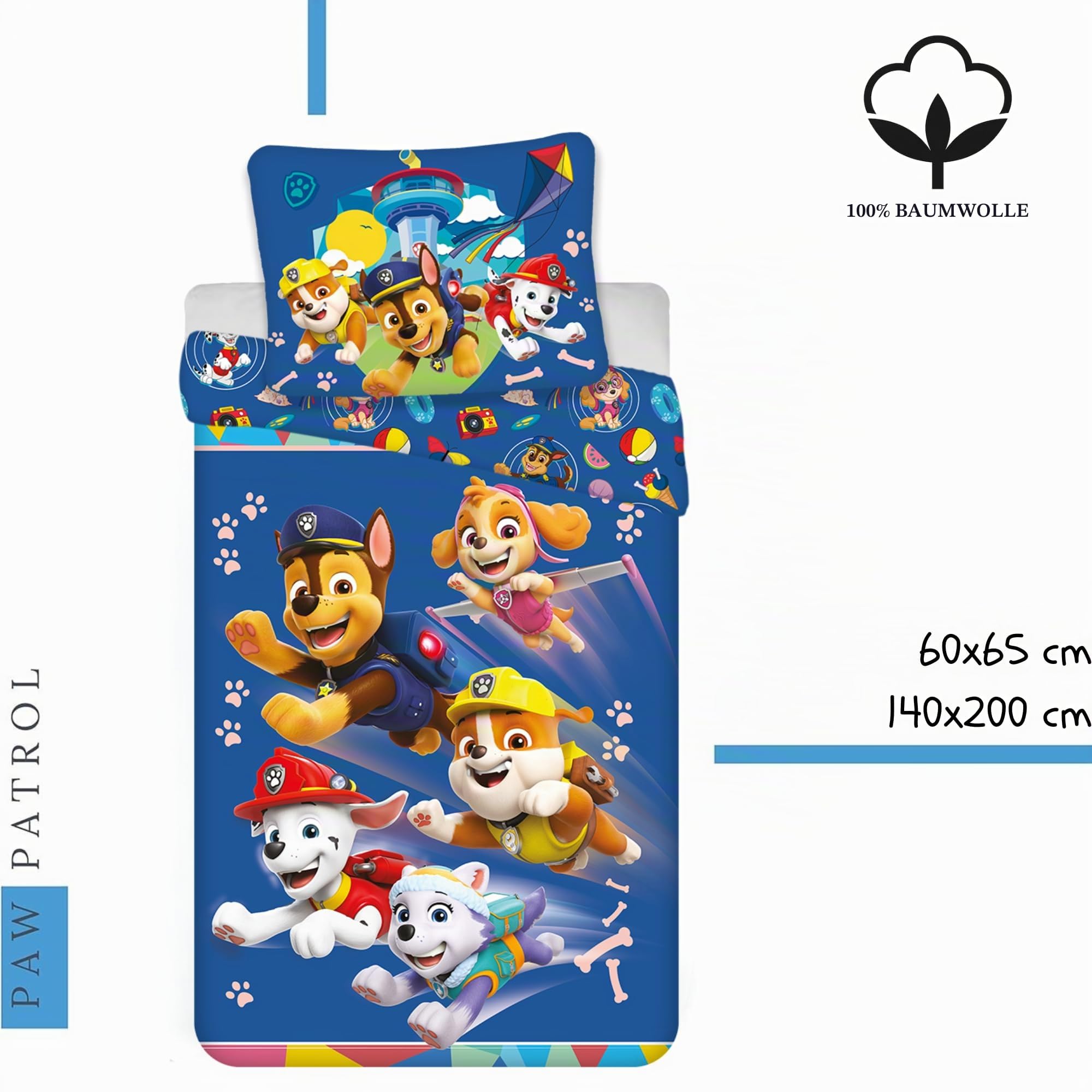 Paw Patrol Bettwäsche Set 140x200cm mit Kissenbezug 60x65cm | 100% Baumwolle | Motiv "Rescue Team Adventure" | Weiche und atmungsaktive Kinderbettwäsche Set | Chase, Marshall
