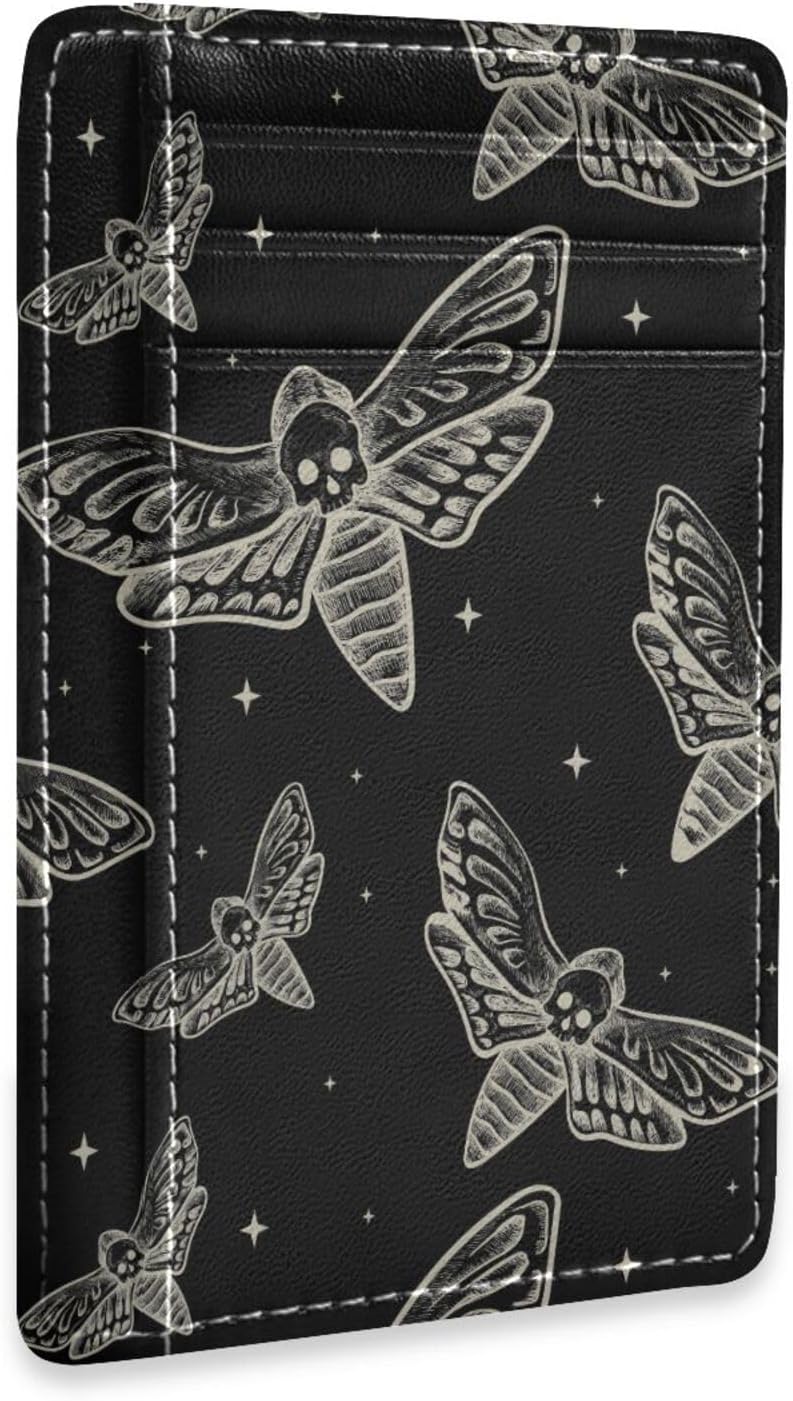 Slim Minimalist Wallet Gothic Skull Butterfly Moth RFID Blocking Leather Credit Card Holder Front Pocket Card Cases with ID Window for Men & Women