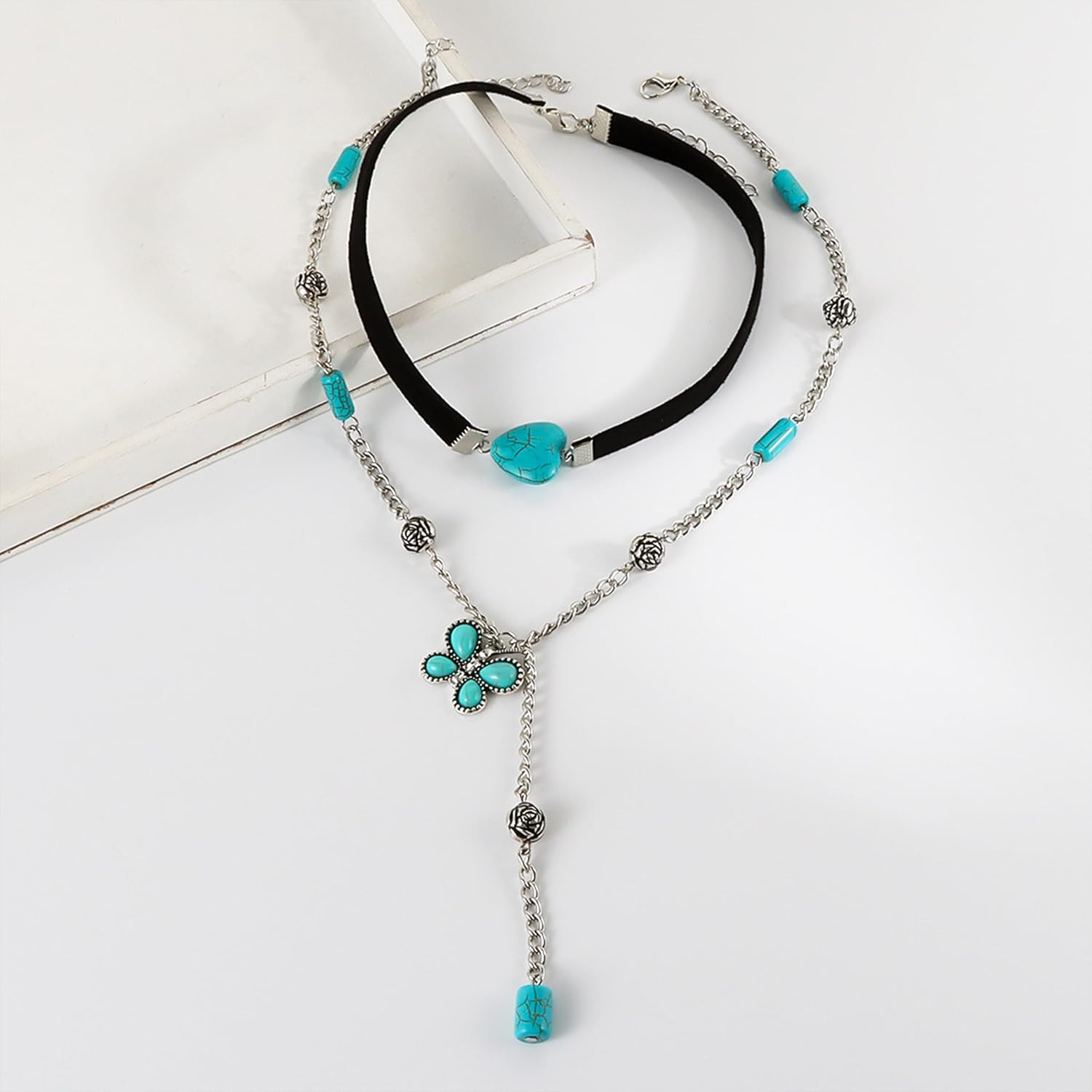 Long tiantian Boho Choker Necklaces Bracelet Earrings Set for Women Western Turquoise Bracelet Stack Boho Earring Country Concert Outfits Western Jewelry Set GIfts - Image 7