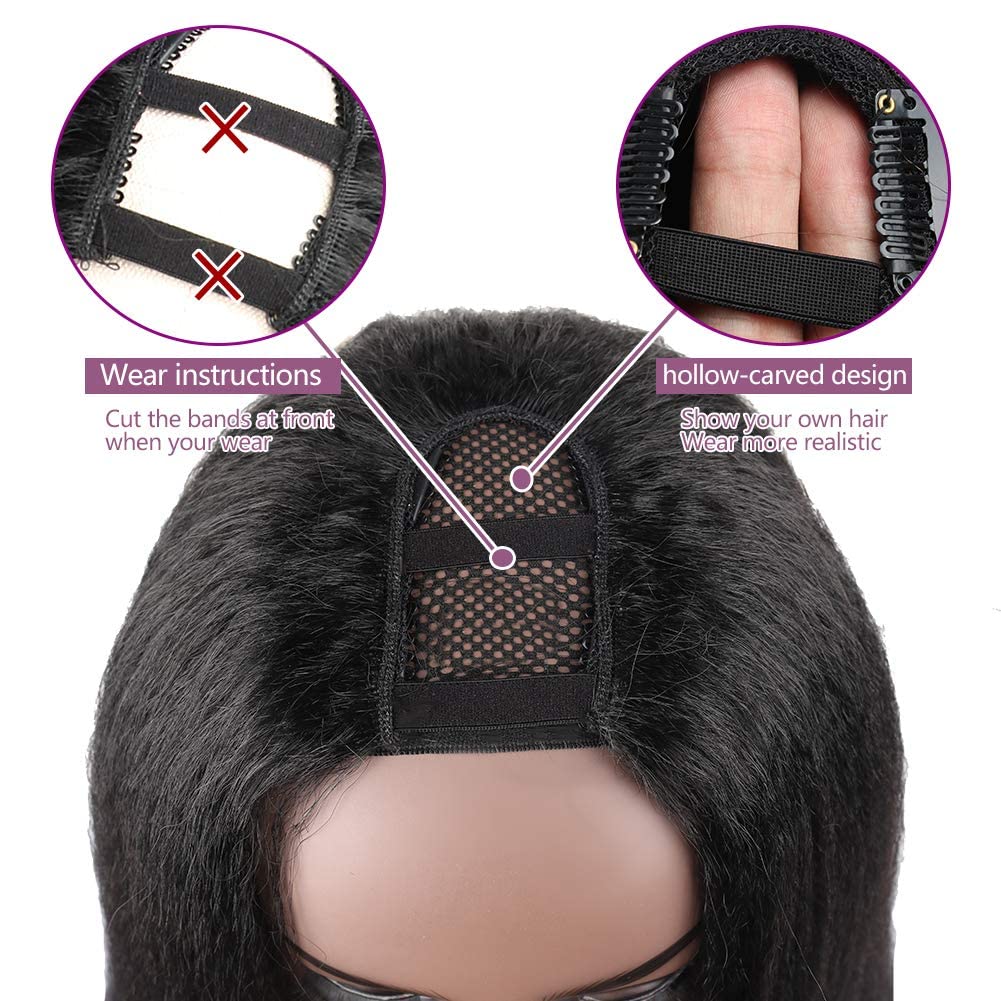KRSI Kinky Straight U Part Wigs for Women Synthetic Yaki Straight Curly Black Wigs for Natural Hair Full Head U Shape Wig Clip in U Part Wig 180 Density 1B 16inch - Image 3