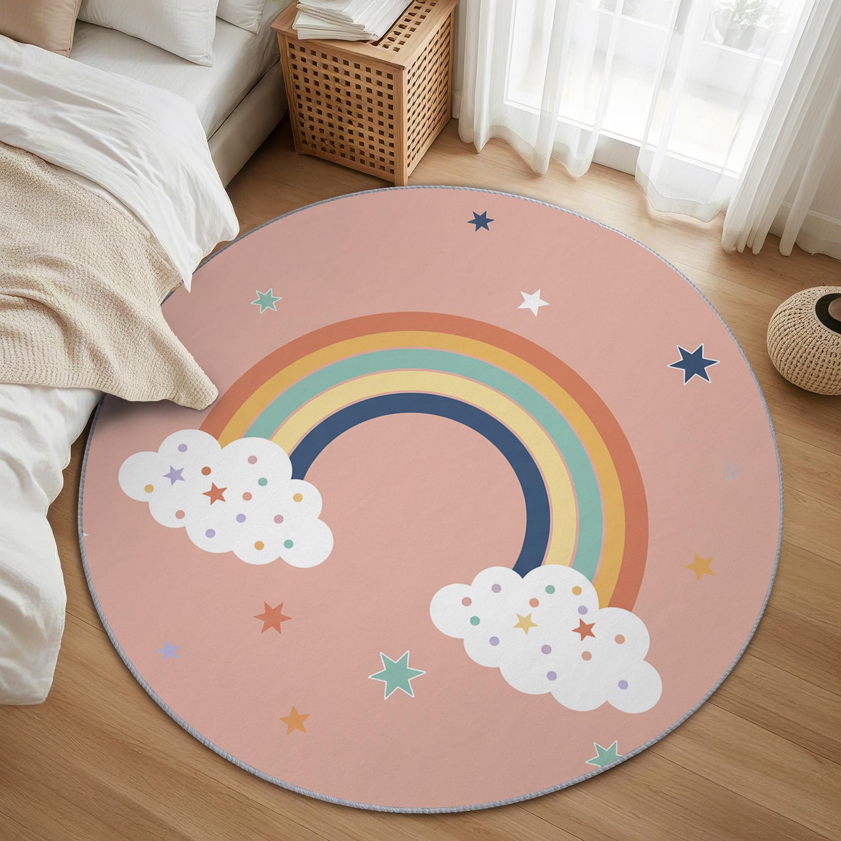 Regenbogen Teppich Rund 120cm Kurzflor - Waschbare Teppiche Wohnzimmer Sterne Rosa Mädchen Kinder - Runder Teppich 120 Durchmesser - Bettvorleger Schlafzimmer rutschfest Weich