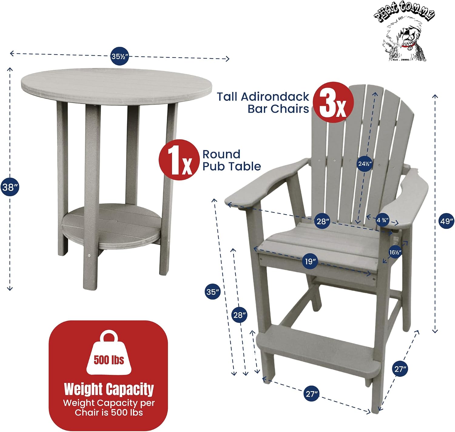 Phat Tommy Outdoor High Top Table and Chairs - Tall Patio Bar Set with 3 Chairs & Round Pub Table - Recycled Poly HDPE Furniture - Waterproof, Fade-Resistant - Made in USA - Grey