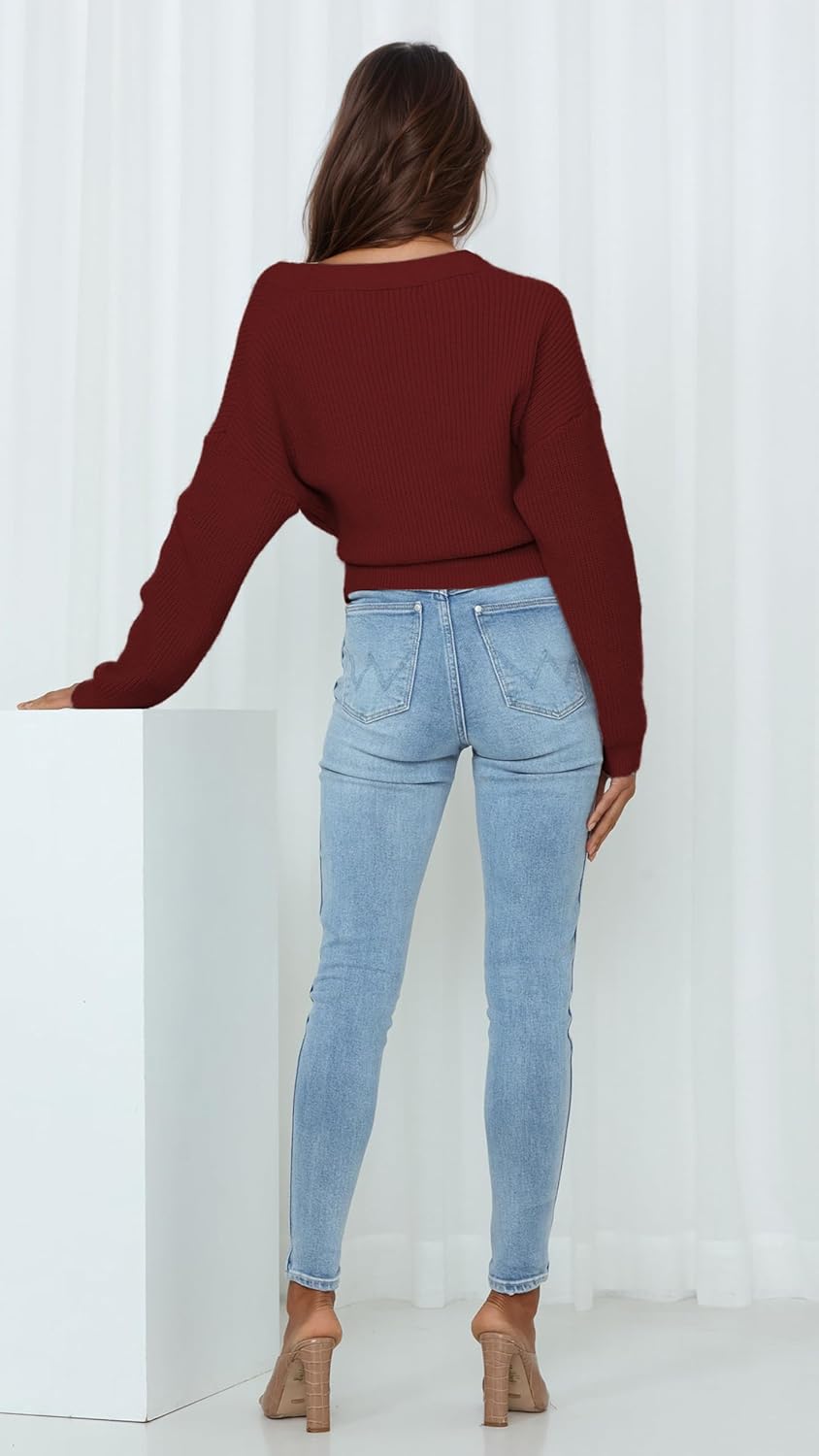 Women’s Cropped Sweater V-Neck Wrap Sweater Long Sleeve Ribbed Knit Pullover with Side Tie Valentines Day Outfit - Image 3