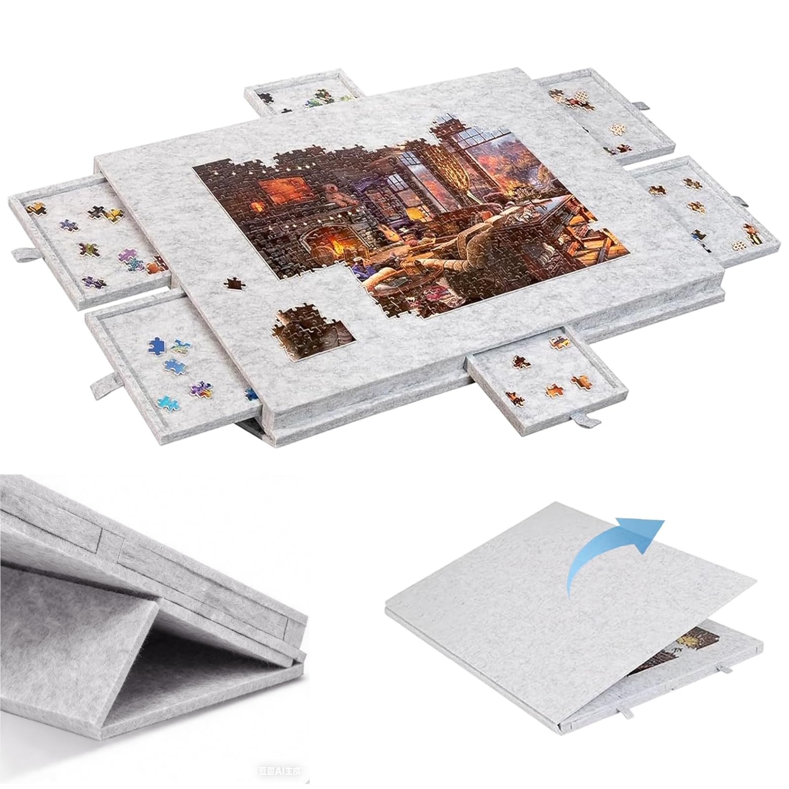 Tavolo per Puzzle Inclinabile con 6 Cassetti e Copertura - Tavola Leggera in Feltro per Fino a 1000 Pezzi - Con Supporto 2-in-1 e Maniglia da Trasporto - Ideale per Adulti e Appassionati di Puzzle - 1