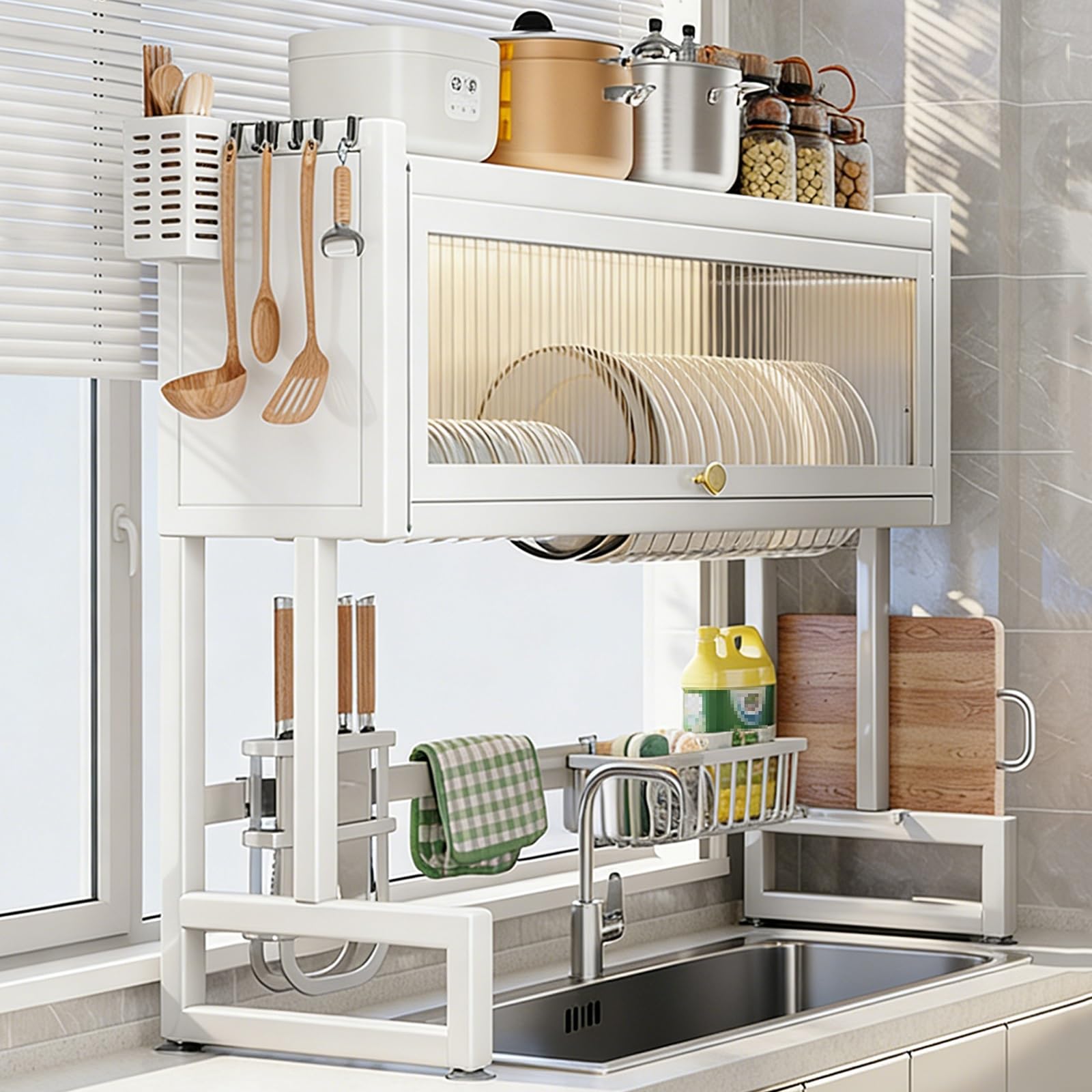 THNSAWX Metal Countertop Dish Drying Rack for Kitchen Sinks, Dish Drainer Rack with Acrylic Door, Space-Saving, with Accessory Kit, for Plates, Bowls, Pots(White,75cm/29.5in)