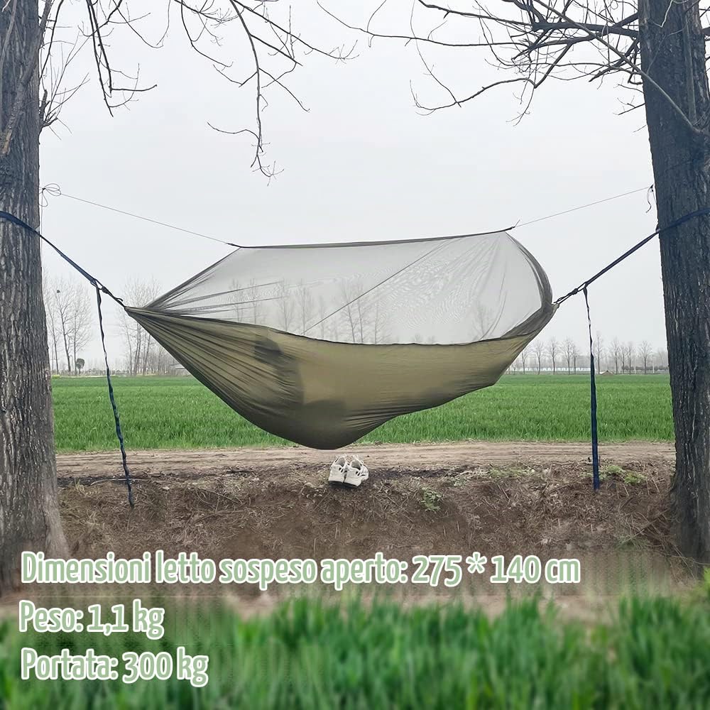 Amaca con Zanzariera Esterno, Amaca Campeggio 300kg Capacità di Carico, Amaca da Giardino Portatile, Amache Campeggio Antipioggia Accessori Kit Tenda Brandina Campeggio Pieghevole Leggera 275×140cm