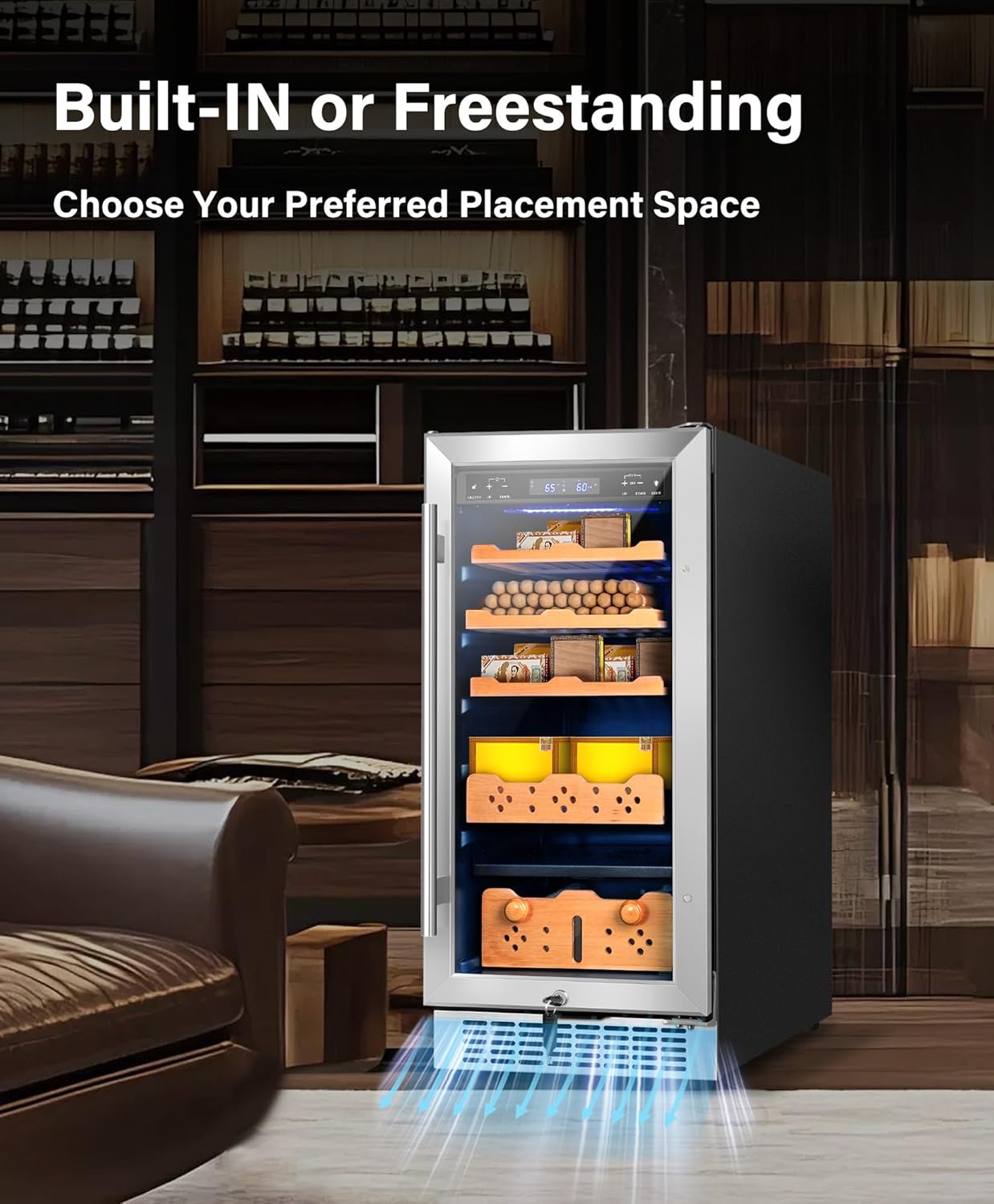 80L Electric Cooler Cabinet 15'' Bult In Refrigerator 500 Counts Capacity with Humidity and Temperature Digit Control, Spanish Wood Shelves for Home Office Gift