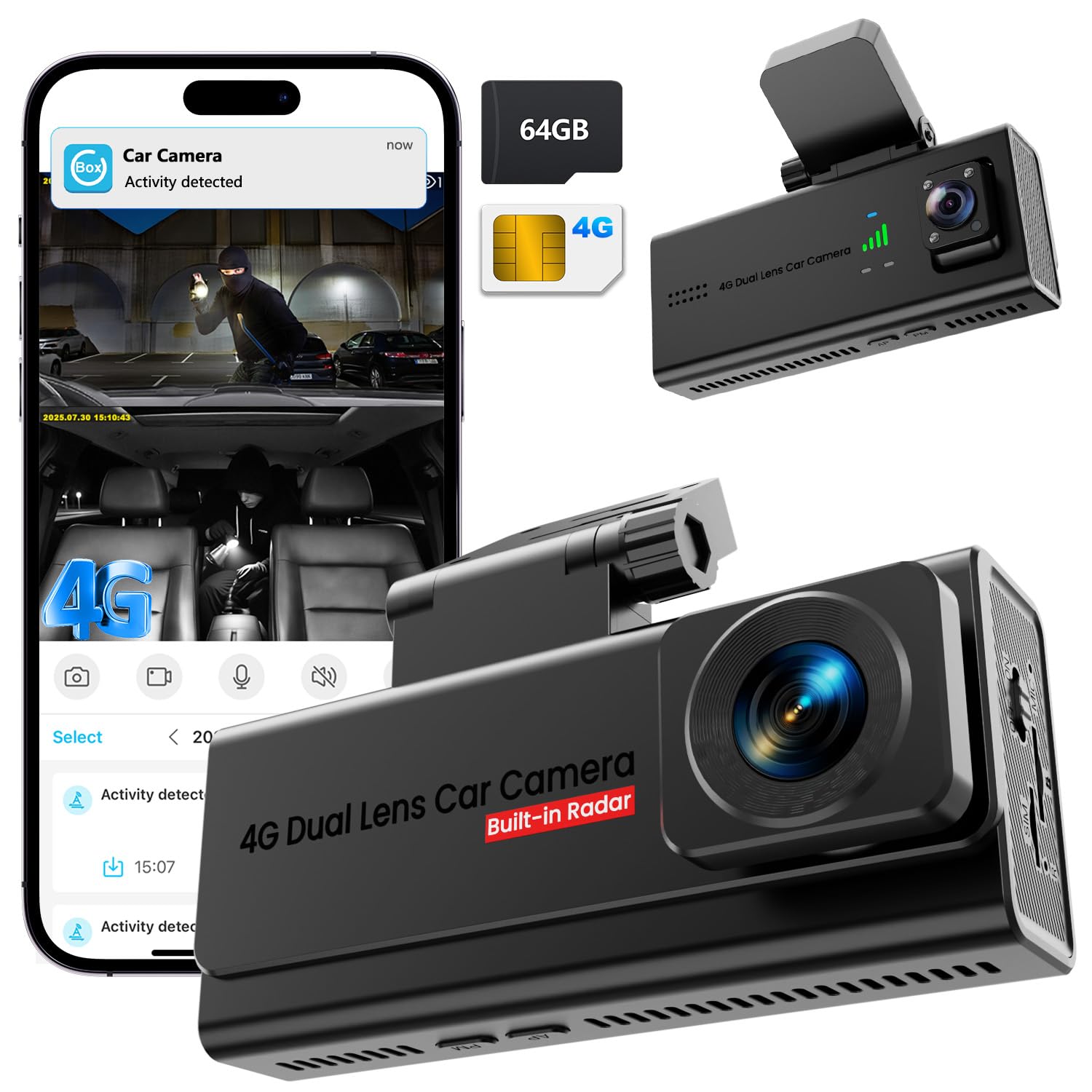 4G LTE Dashcam con SIM, Camara Vigilancia Coche Antivandalismo con GPS Tracker, Modo Parking 24/7, Alertas Movimiento IA, Acceso Remoto & Audio Bidireccional, SD/Cloud, Antirrobo para Flotas y Familia