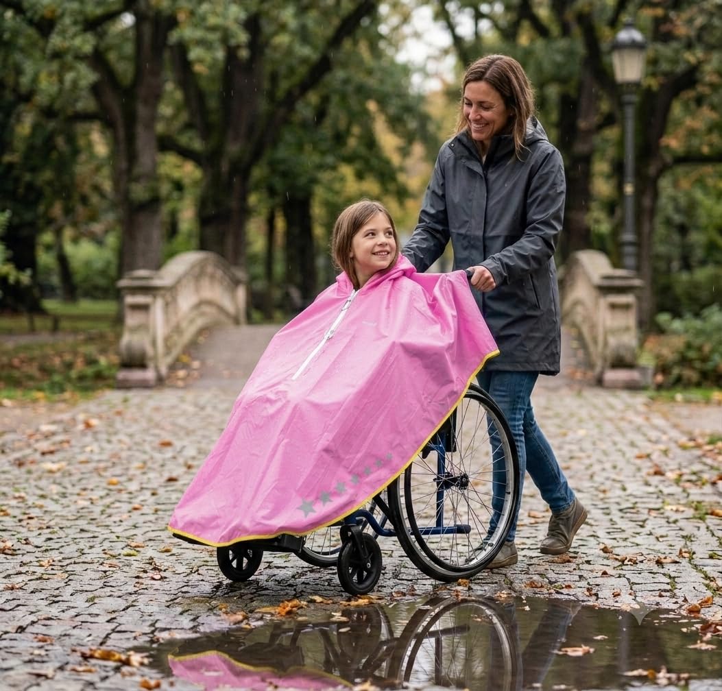 Wasserdichter Poncho für Kinder-Rollstuhl Regenmantel Italienisches Design Rosa
