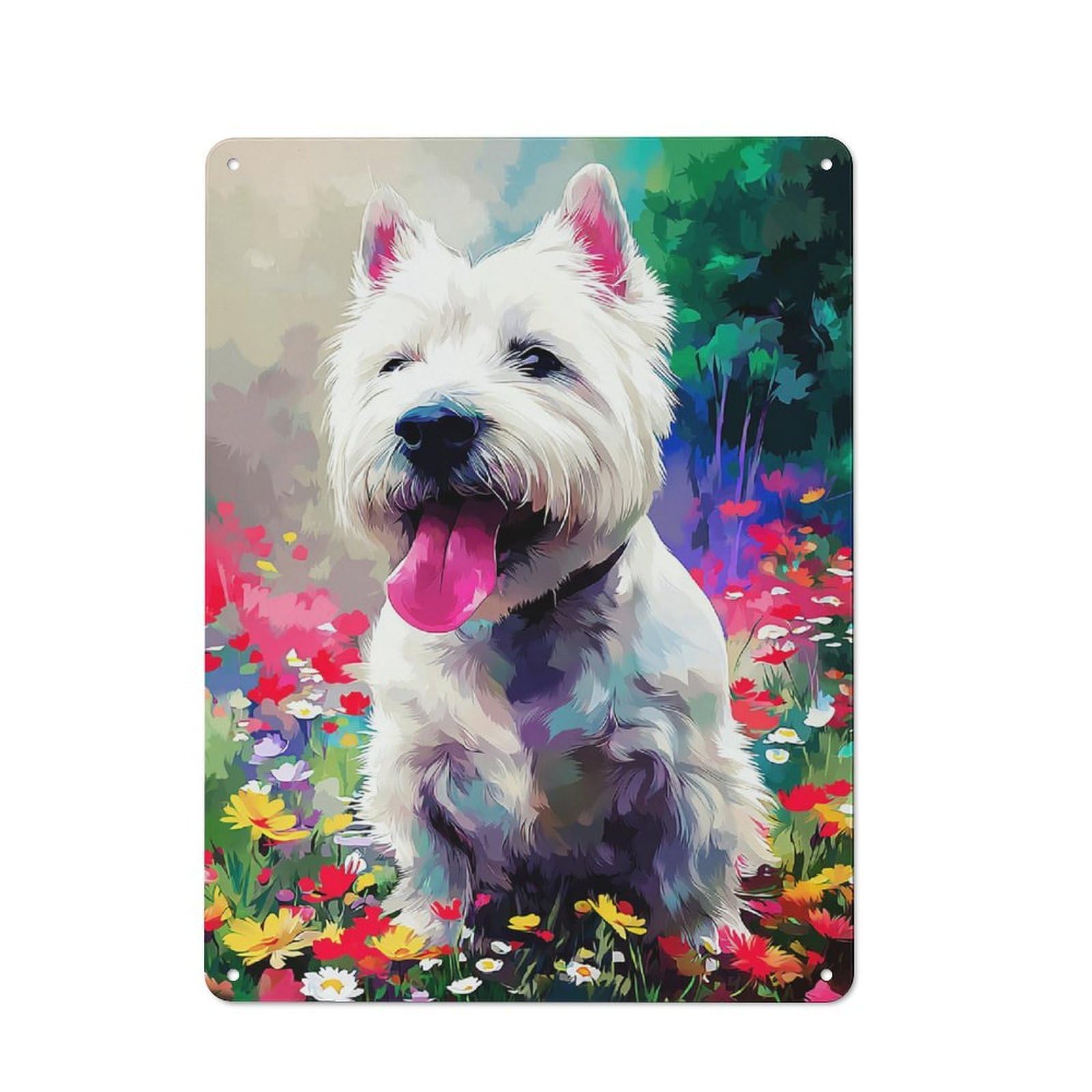 Junmoney Floral Field With Happy Dog Classic Metal Wall Decor 40X30cm, Decorative Tin Plaque For Cafe, Pub, Workshop Or Home Bar