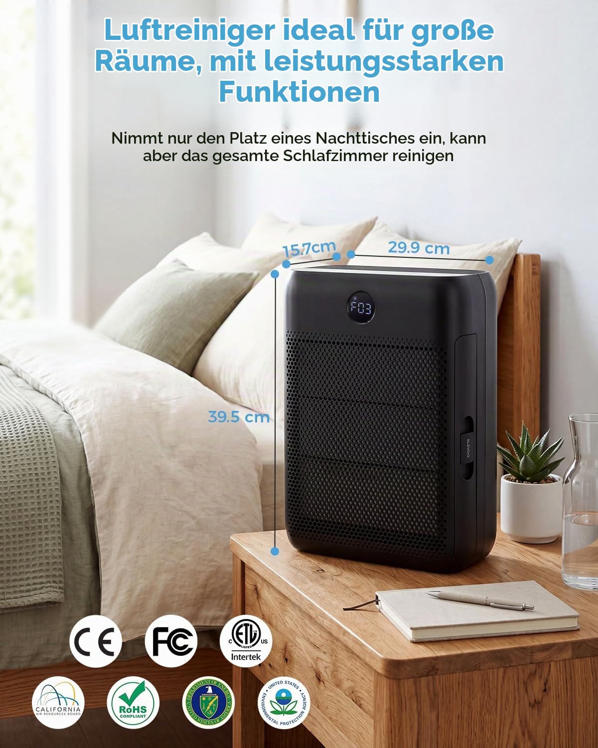 Luftreiniger für große Räume bis zu 286 m² ideal für Schlafzimmer in nur 1 Stunde,H13 True HEPA Luftreiniger reduziert effektiv 99,97% Rauch, 22dB, gegen Pollen, Tierhaare
