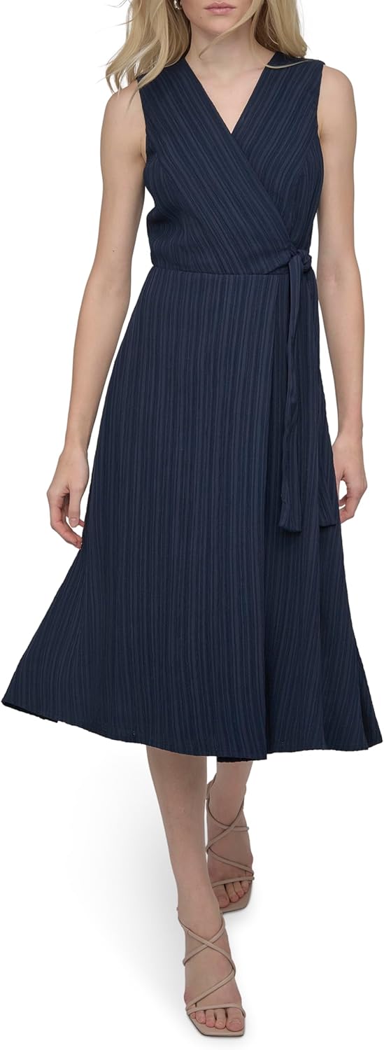 DKNY Womens Sleeveless Surplice Neck Partially Lined Faux Wrap Shirtdress - Image 2