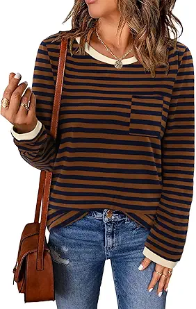 ONLYSHE Women's Casual Striped Long Sleeve Tops Crew Neck Knit Basic Loose Fit T Shirts Fall Fashion Tunic Outfits