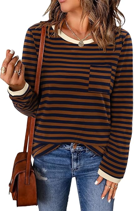 ONLYSHE Women's Casual Striped Long Sleeve Tops Crew Neck Knit Basic Loose Fit T Shirts Fall Fashion Tunic Outfits