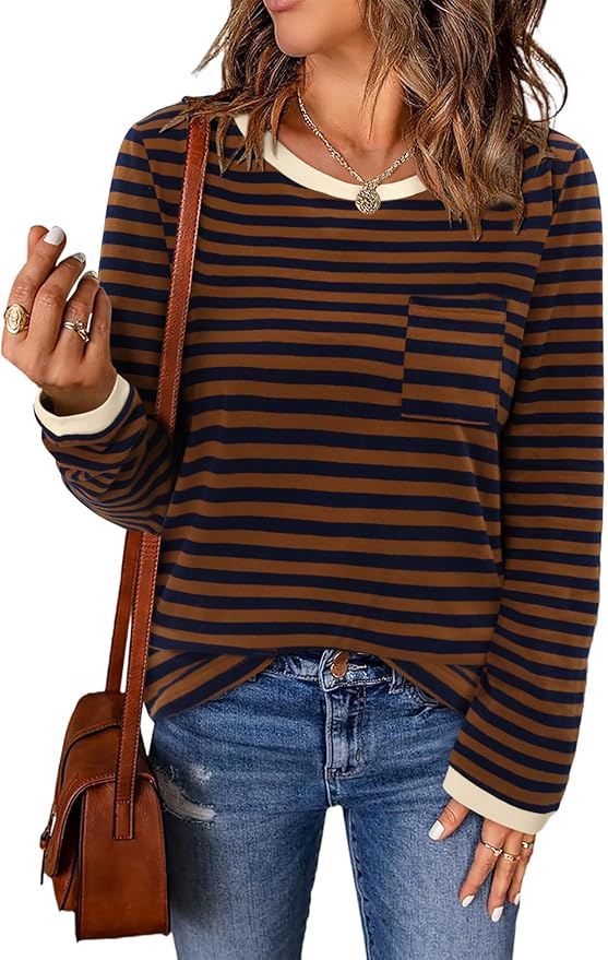 ONLYSHE Women's Casual Striped Long Sleeve Tops Crew Neck Knit Basic Loose Fit T Shirts Fall Fashion Tunic Outfits