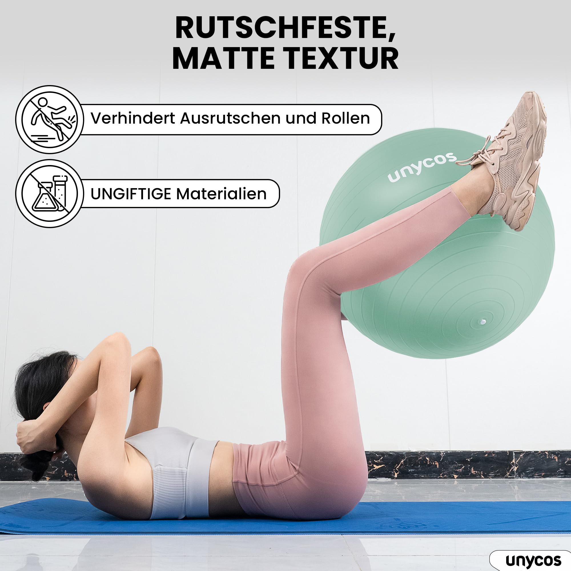 unycos - Gymnastikball 55/65/75 cm Sitzball Trainingsball für Yoga, Fitness, Medizinball, Balance Ball, Core Training Strength, Pilates-Ball | Inkl. Pumpe, BPA-Frei, Anti-Burst
