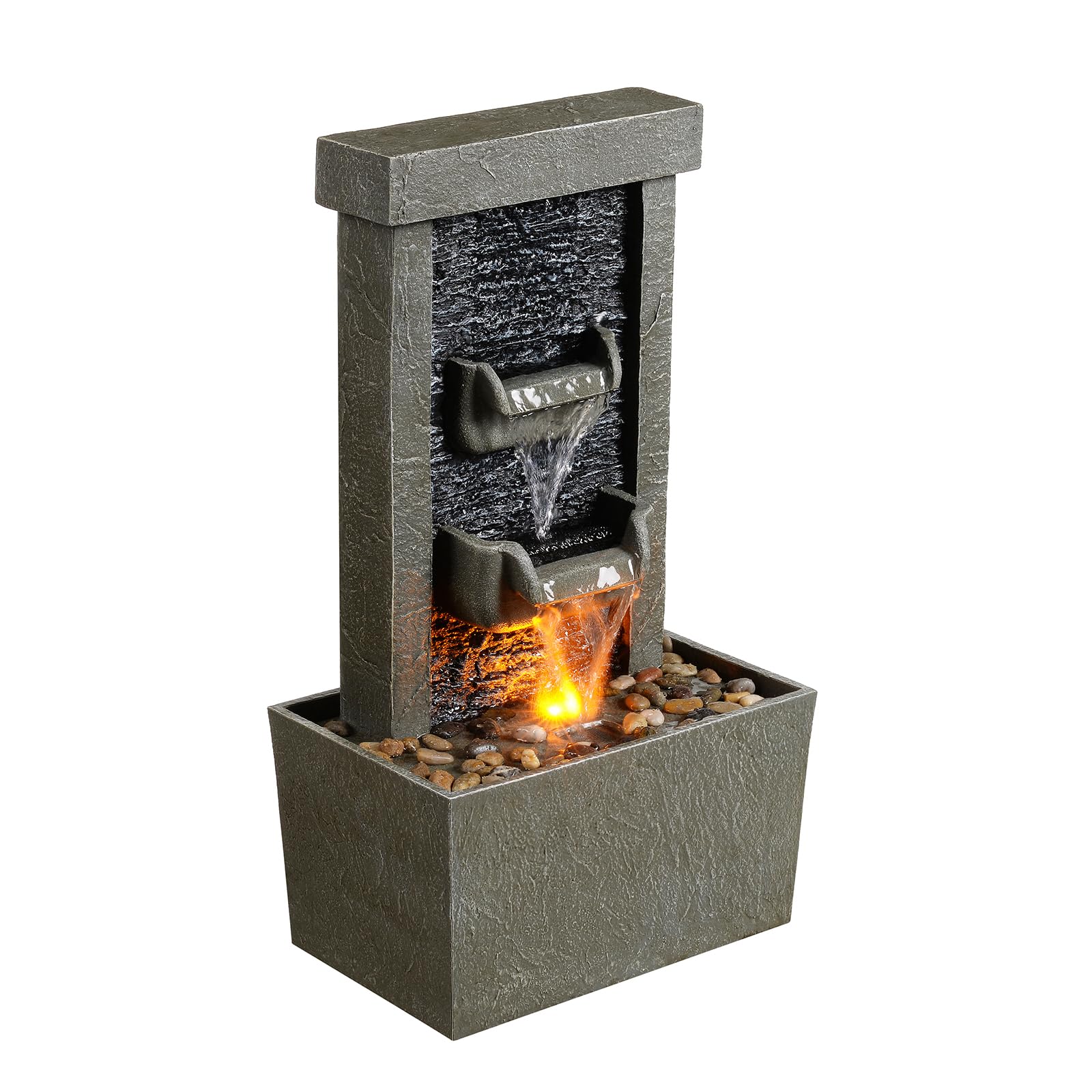 MSEONWXI Resin Water Fountain Outdoor with LED Lights, Modern Tiered Fountain for Garden Patio Backyard, Waterfall Decor, 23.6