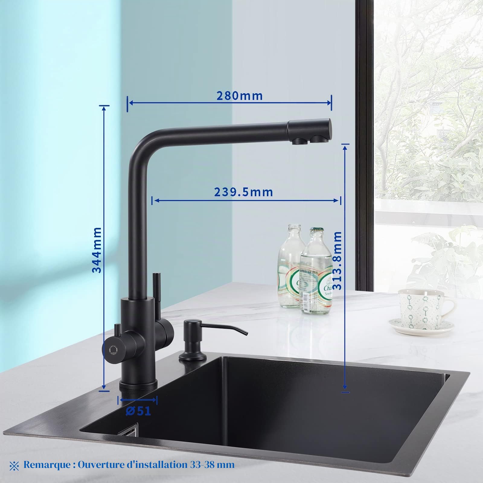 CECIPA PURE-B Robinet Cuisine 3 Voies, Mitigeur d'Évier avec Deux Sorties D'eau: Eau Filtrée et Eau Chaude/Froide - Bec Orientable 360° en Acier Inoxydable 304, Noir