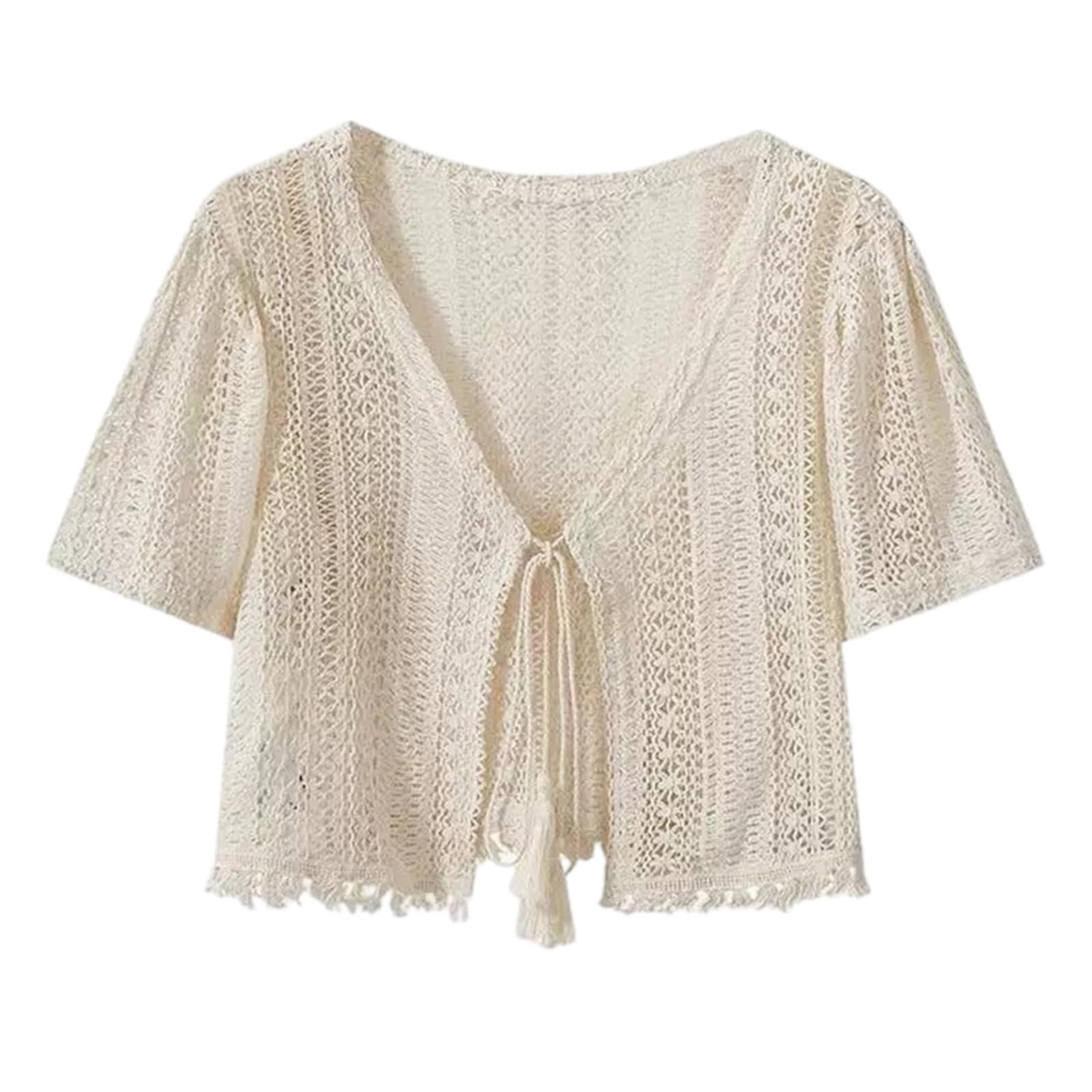 Buxuaaaa Lightweight Shrugs Crochet Boleros Shrugs Sweaters Tie Front Short Sleeve Cropped Cardigan for Spring Summers Short Sleeve Cropped Cardigan for Dresses