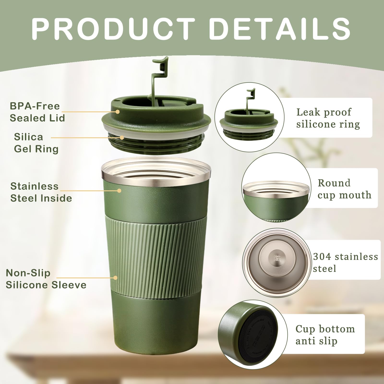 Senshuomy Travel Mug, Insulated Coffee Cup with Leakproof Lid, Reusable Coffee Cups Travel Cup - Image 4