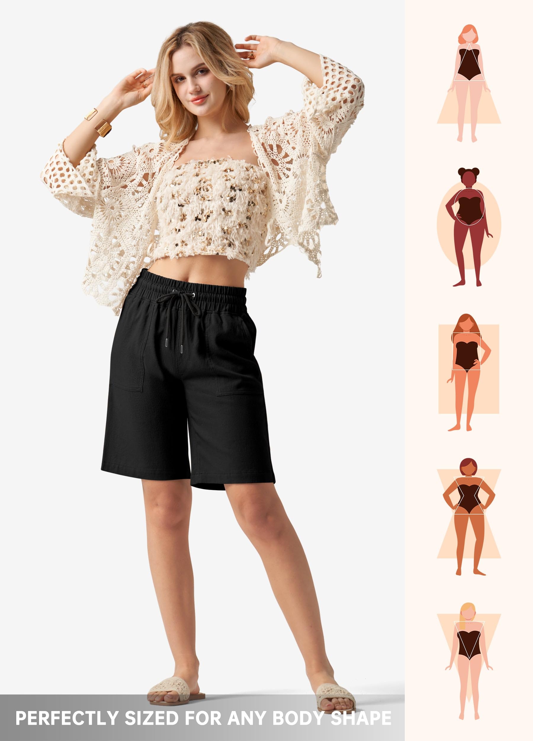 WILLIT Shorts Damen Leinen Shorts Freizeit Bermuda Kurze Hose knielange High Waist Bequeme Sommershorts mit Taschen 10“