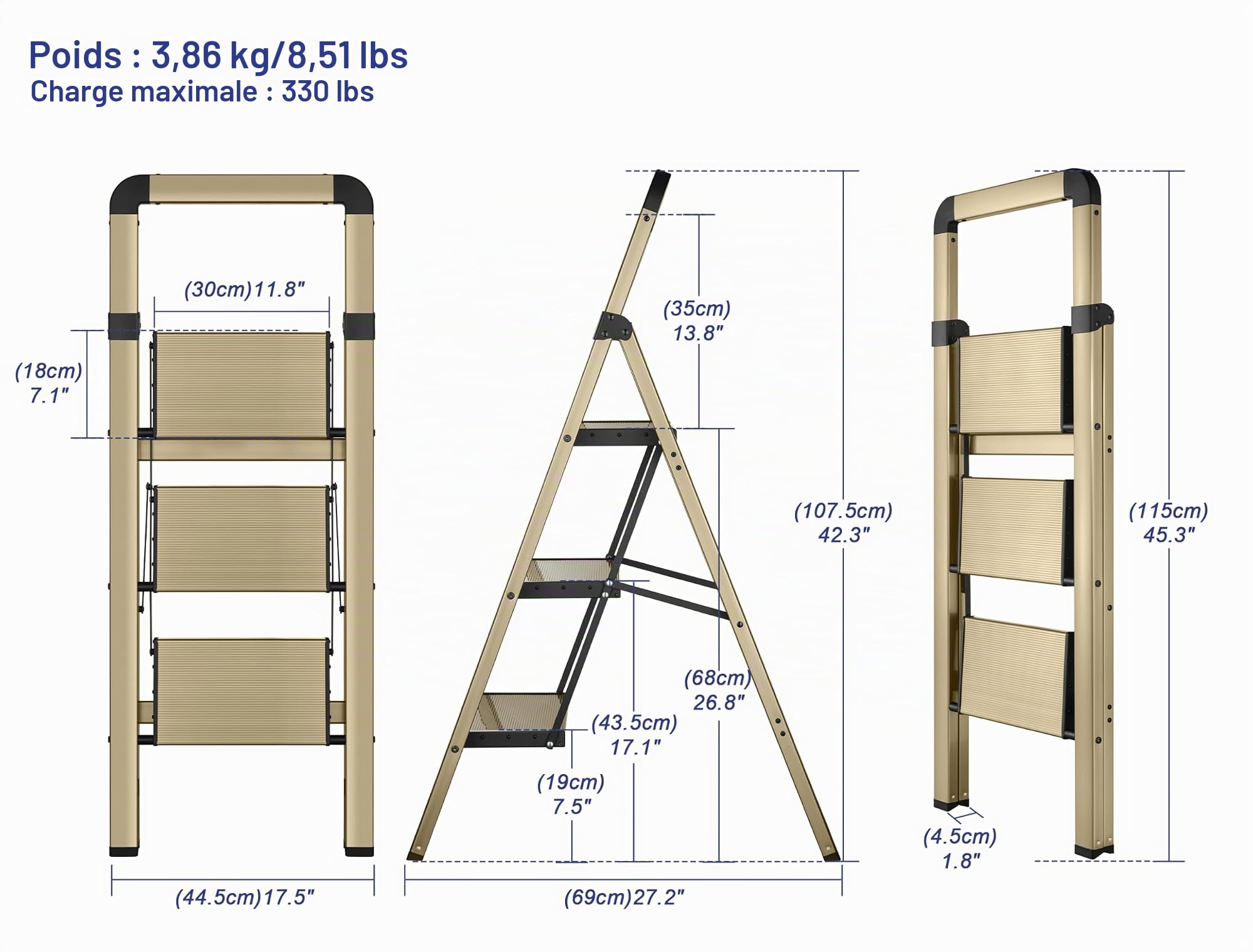 Escabeau Pliable à 3 marches en Aluminium, Finition Or Champagne, antidérapant, Portable, Robuste pour la Maison et la Cuisine, Le Bureau, 150 kg