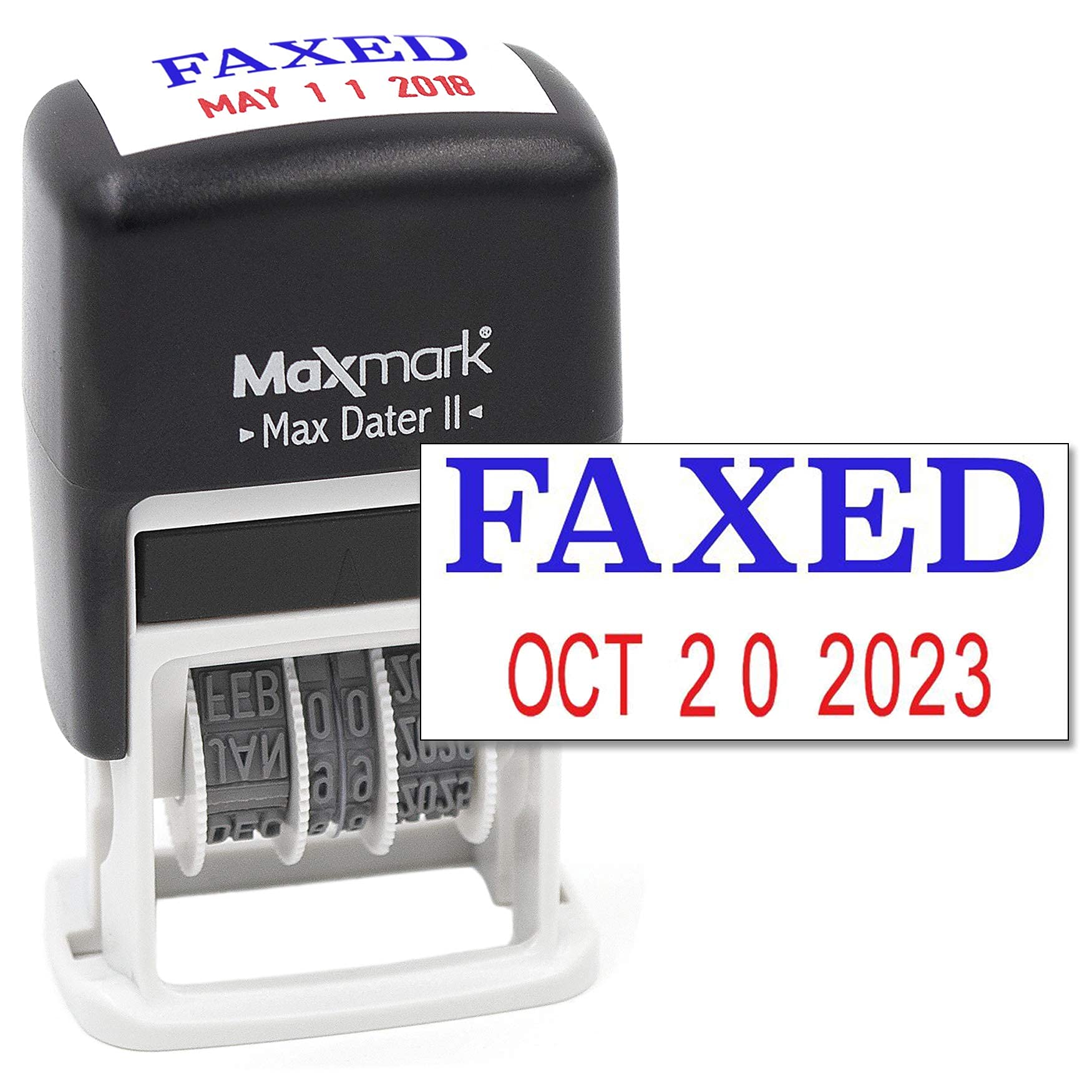MaxMark Self-Inking Rubber Date Office Stamp with FAXED Phrase Blue Ink & Date RED Ink (Max Dater II), 12-Year Band