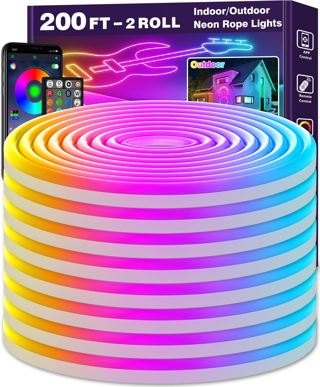 200Ft Neon Rope Lights,Flexible Led Rope Lights Control with App/Remote,Multiple Modes Rope Lights,IP65 Outdoor RGB Led Neon Lights Waterproof,Music Sync Gaming Led Neon Light Strip for Bedroom Decor 200FT Neon Led Strip Lights