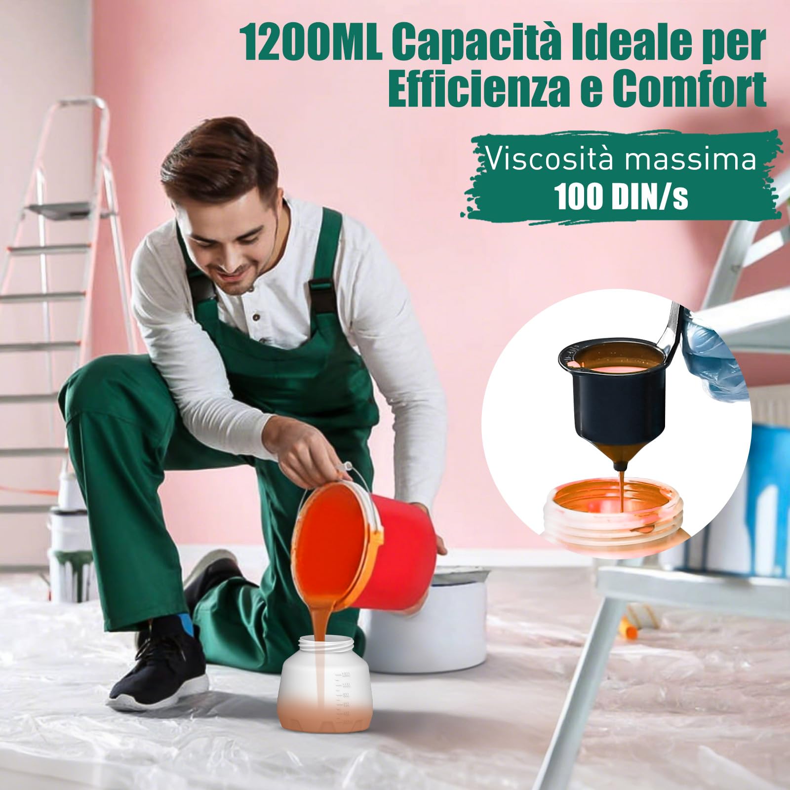 HYCHIKA Pistola per verniciare da 600W, Pistola a spruzzo per verniciare HVLP con contenitore da 1200ml, 4 ugelli, 3 modalità, ideale per la verniciatura di mobili, recinzioni, pareti