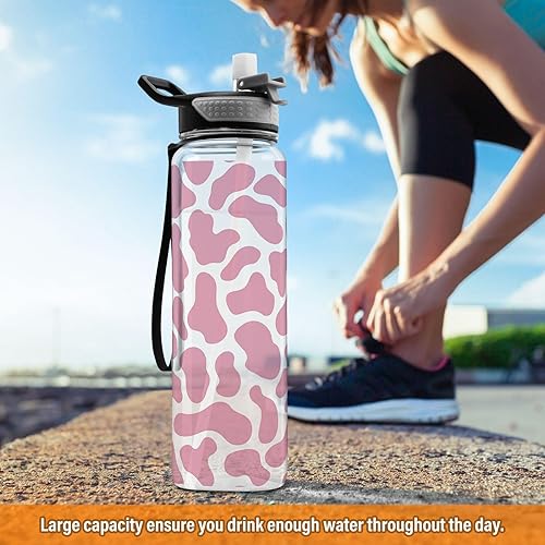 Miniatura 6 de Botella de agua con estampado de vaca rosa con tapa de pajilla, 32 onzas, a prueba de fugas, transparente, para gimnasio, mujeres, hombres, deportes