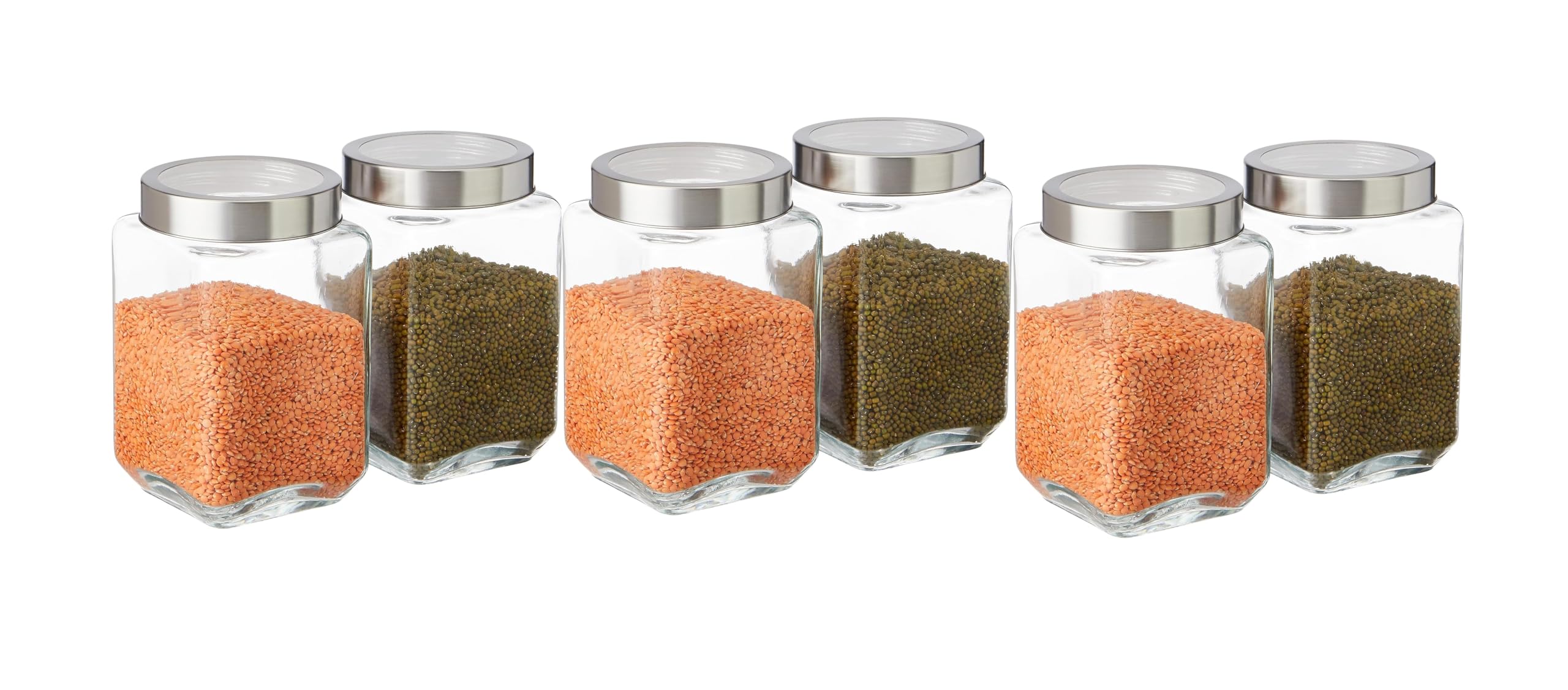 CROCO JAR Square Glass Storage Containers 1750ml | Transparent Airtight Kitchen Jars with Steel Lid | Cubical Glass Jars for Pantry, Snacks, Dry Fruits, Masala, Pickle & Coffee Beans | Pack of 6