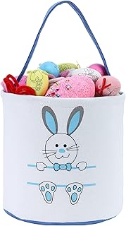 Easter Bunny Basket Egg Bags for Kids,Canvas Cotton Personalized Candy Egg Basket Rabbit Print