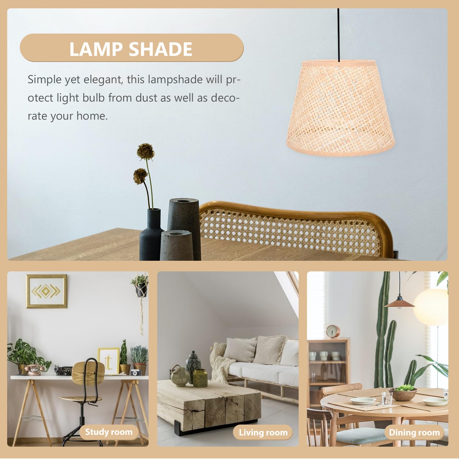 Pantalla tejida de ratán para lámpara de mesa E27 E14, pantalla de luz en forma de cono de 17 cm, cubierta de lámpara de escritorio de mimbre natural para el hogar y la oficina