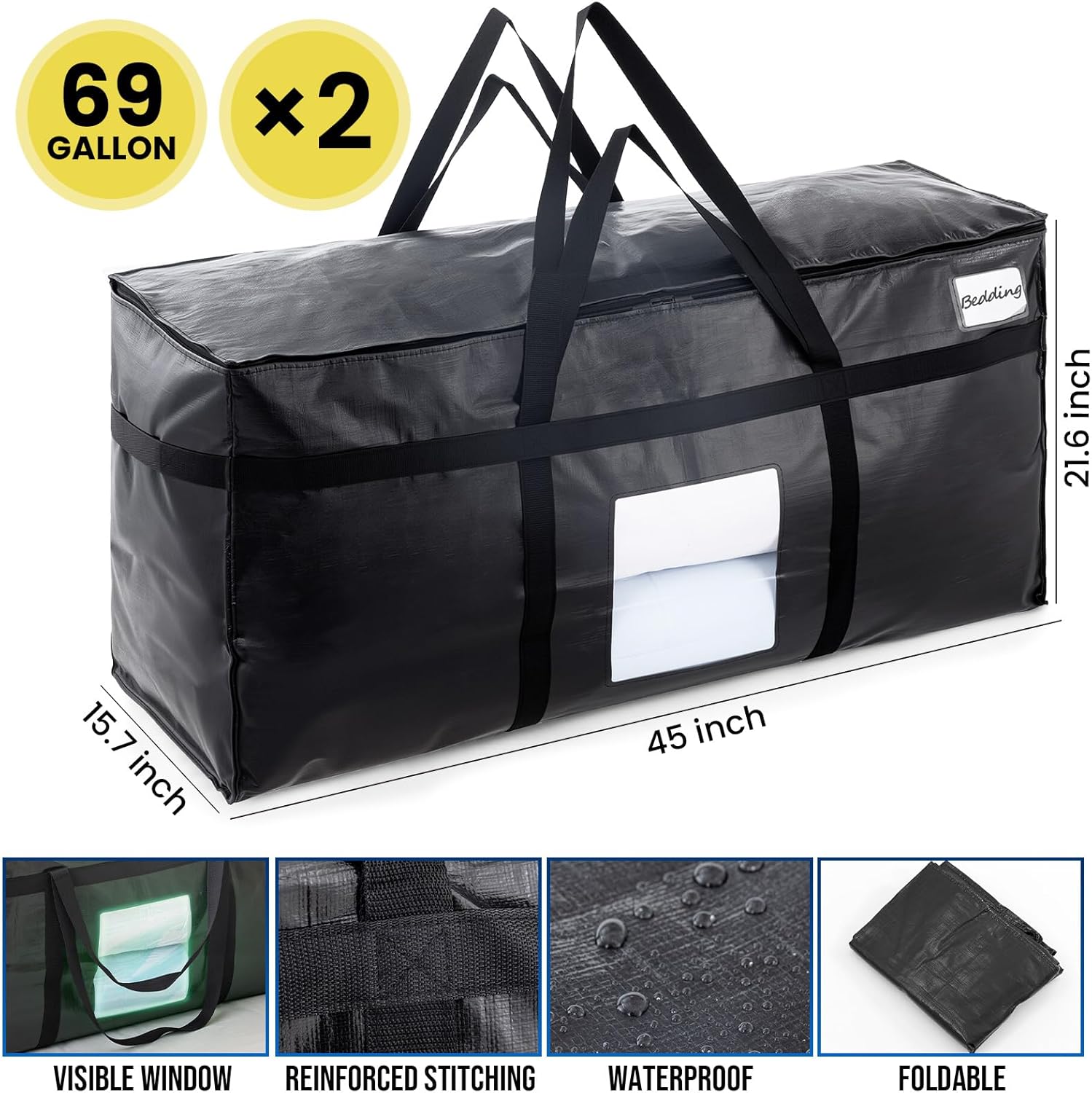 TAILI 69 Gallon Extra Large Storage Bags, XXL Black Heavy Duty Moving Bags For Storage with Visible Window, Wrap Around Handles, Totes for Space Saving, Alternative to Moving Boxes (2 Pack)