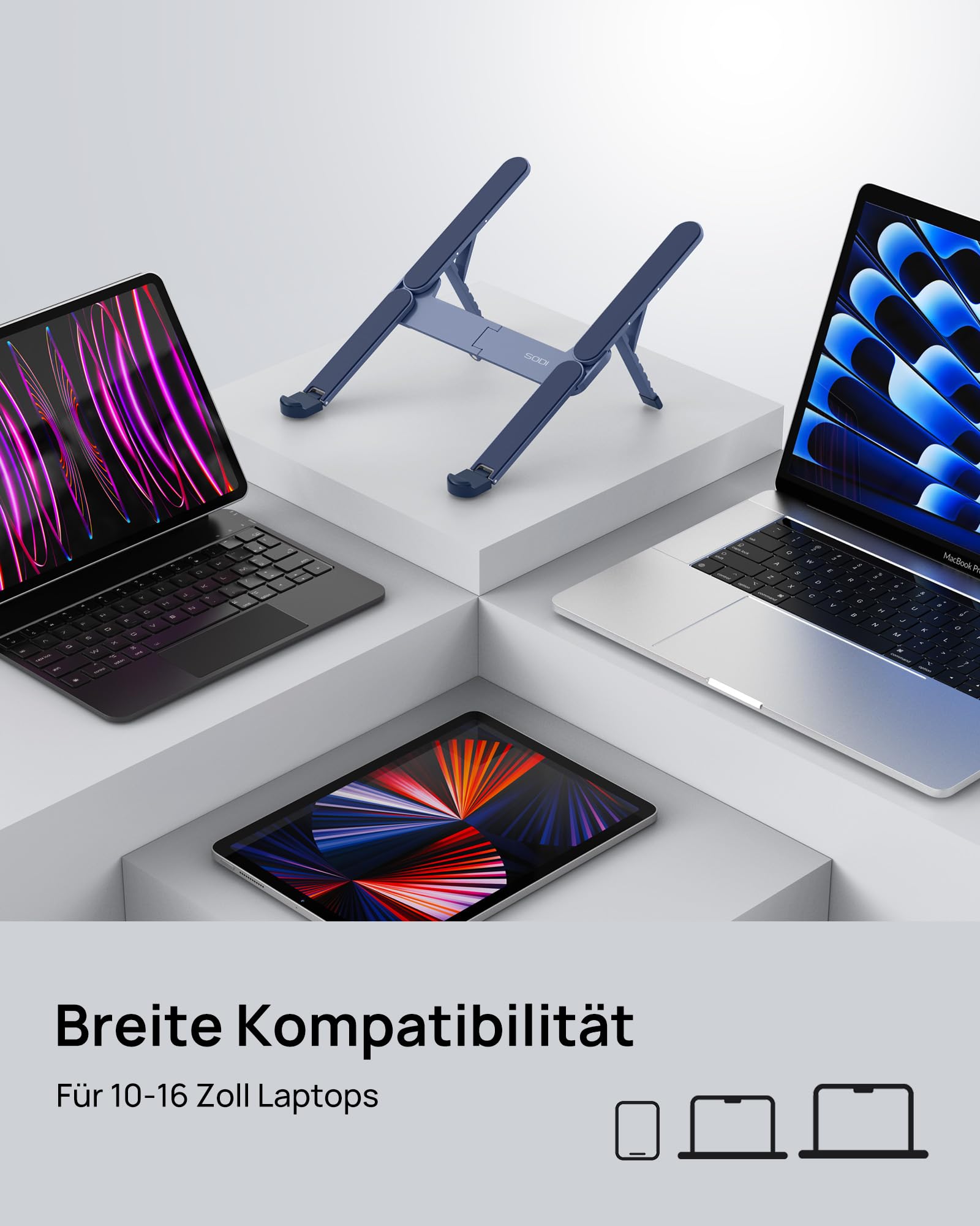SODI Supporto pieghevole in alluminio per computer portatile, regolabile in altezza, ventilato, per MacBook Pro/Air, HP, Sony, Dell, tutti i laptop da 10 a 16 pollici,Blau