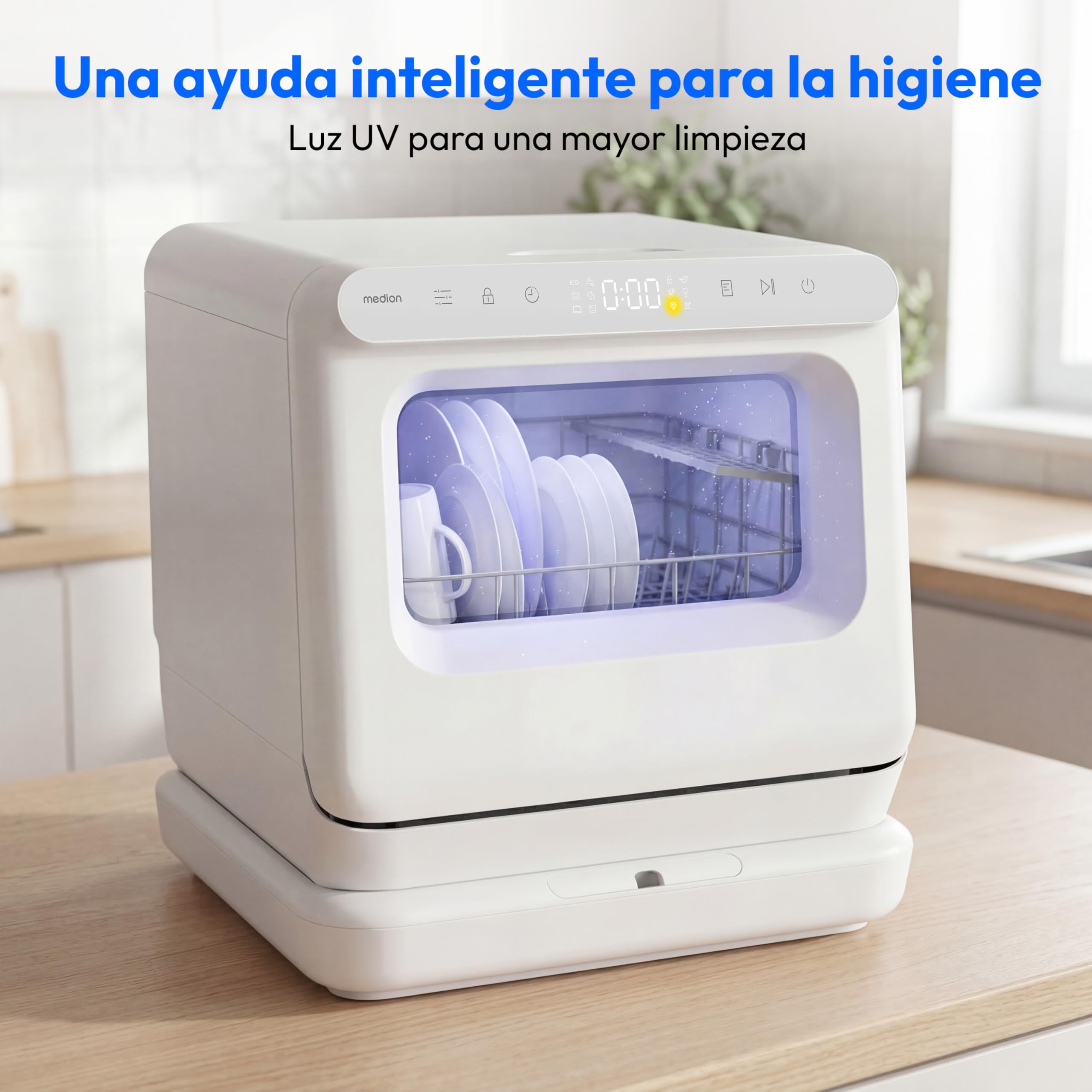 MEDION Mini Lavavajillas DWT30, 3 Servicios, Lavavajillas de Sobremesa, funciona con o sin conexión de agua, 6 Programas, Luz UV, Secado por Aire, Pantalla Táctil, libre instalación, MD370022