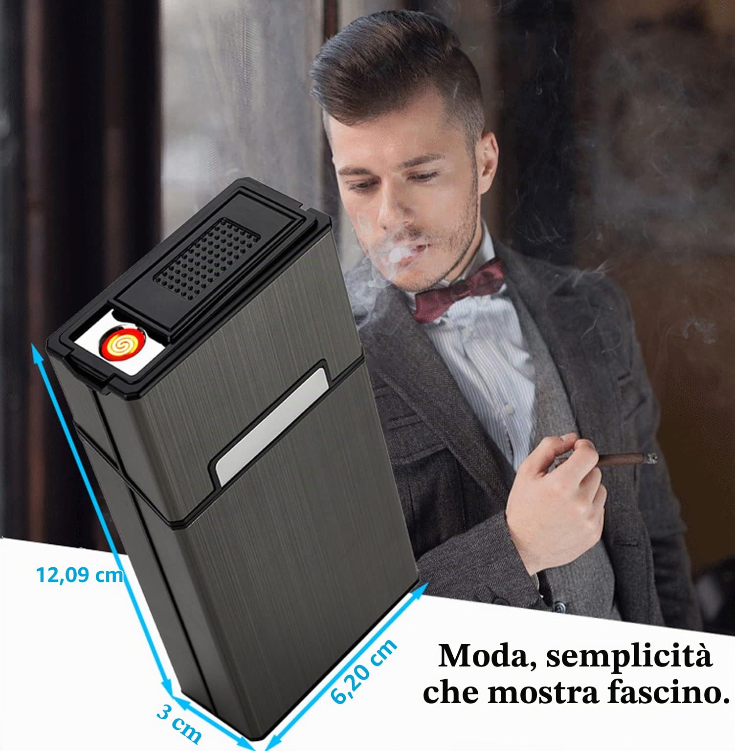 Portasigarette con accendino 100's King Size 20pcs Sigarette 2 Pack Ricaricabile Senza Fiamma Antivento Accendino Elettrico Specchio Trucco