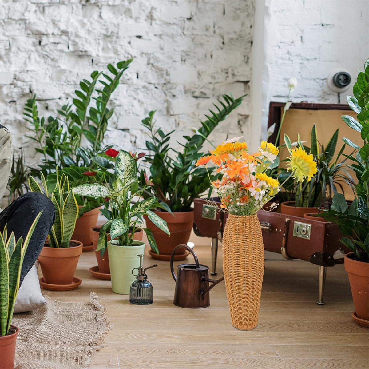 Jarrones Decorativos Modernos Altos 2 Piezas, Estilo Rústico y Elegante para Suelo de Plástico Marrón Ideales para Oficinas y Salas de Estar