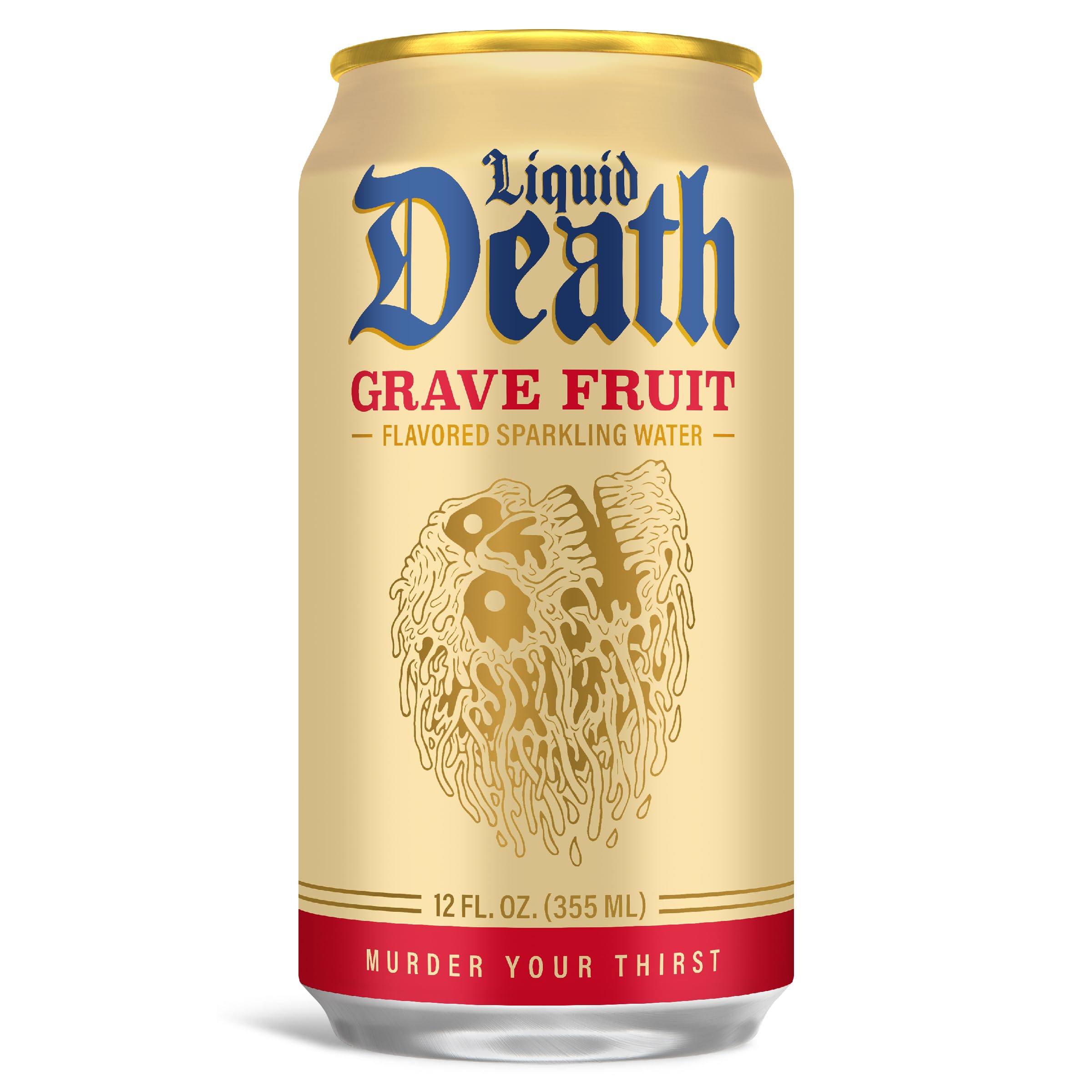 Liquid Death Soda-Flavored Sparkling Water - Doctor Death (Cherry, Cream, Spice), Less Sugar*, Huge Flavor, No Caffeine, No Artificial Sweeteners, 12 Fl Oz (Pack of 12): Grave Fruit 12 Fl Oz (Pack of 12)