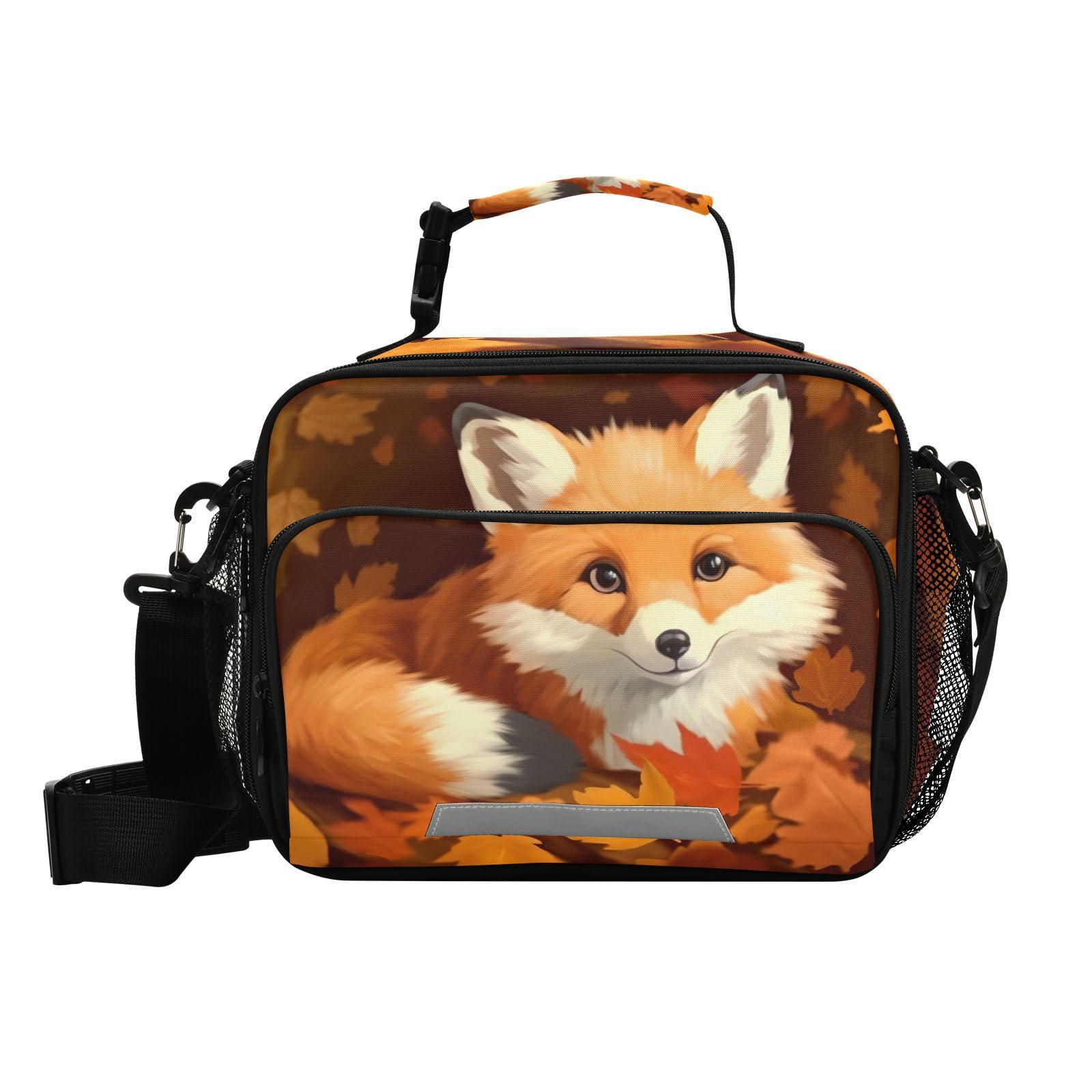 Fox Maple Leaves Kids Lunch Box Insulated Lunch Bags Cooler Tote Bag with Removable Shoulder Strap for Boy