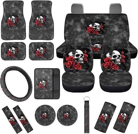 Gothic Skull Rose 17pcs Car Seat Cover Full Set, Dust-Proof Removable Front and Rear Car Seat Covers Steering Wheel Cover Floor Mats Armrest Cover Safety Belt Pad
