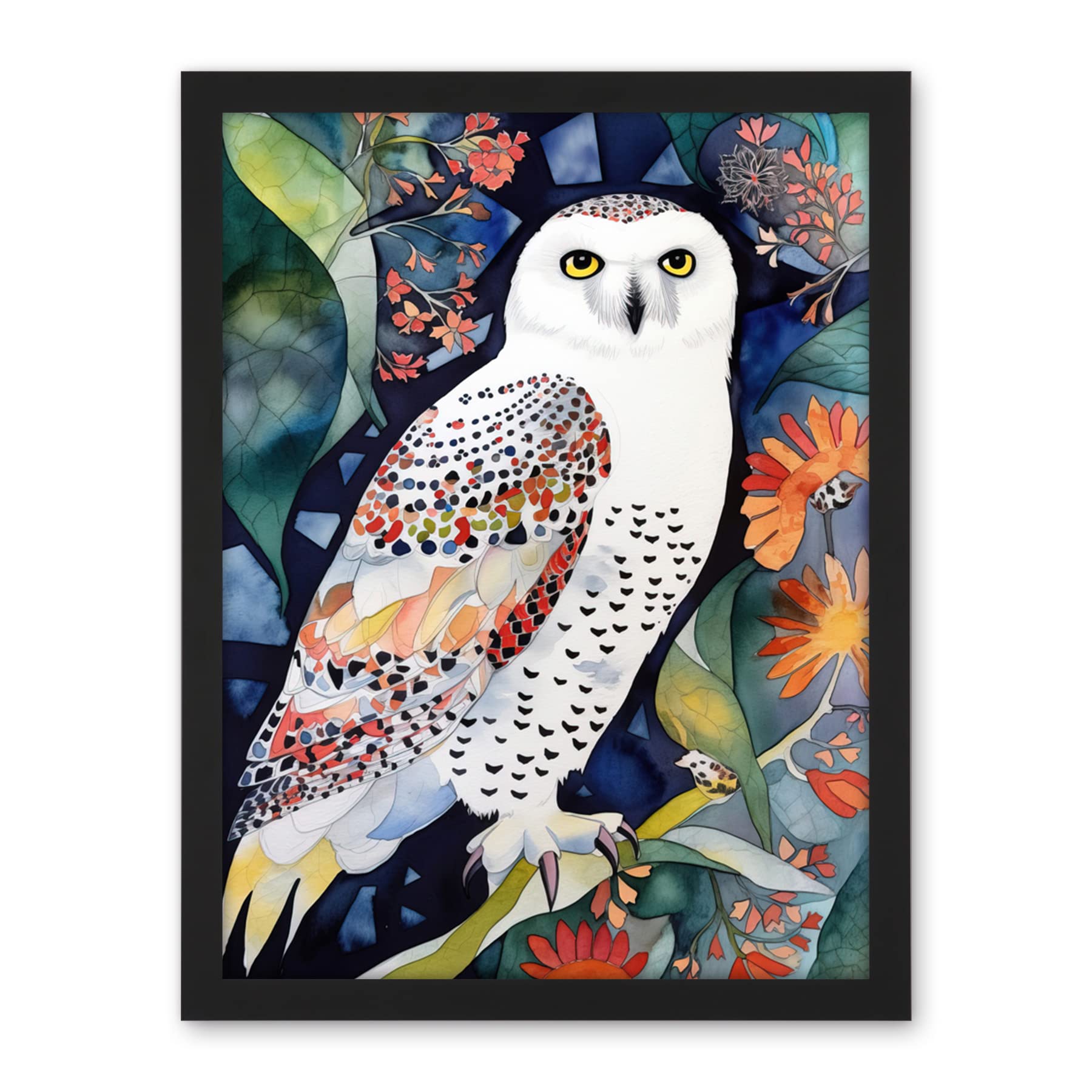 Artery8 Snowy Owl On Blooming Tree Folk Art Artwork Framed Wall Art Print 18X24 Inch