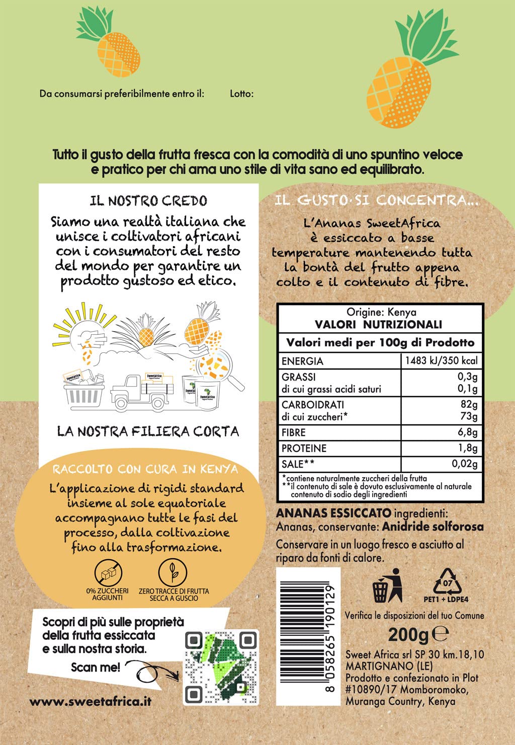 SweetAfrica - Good Ananas - Ananas essiccato a fette, senza zuccheri aggiunti, snack alla frutta essiccata - 200g x 6pz