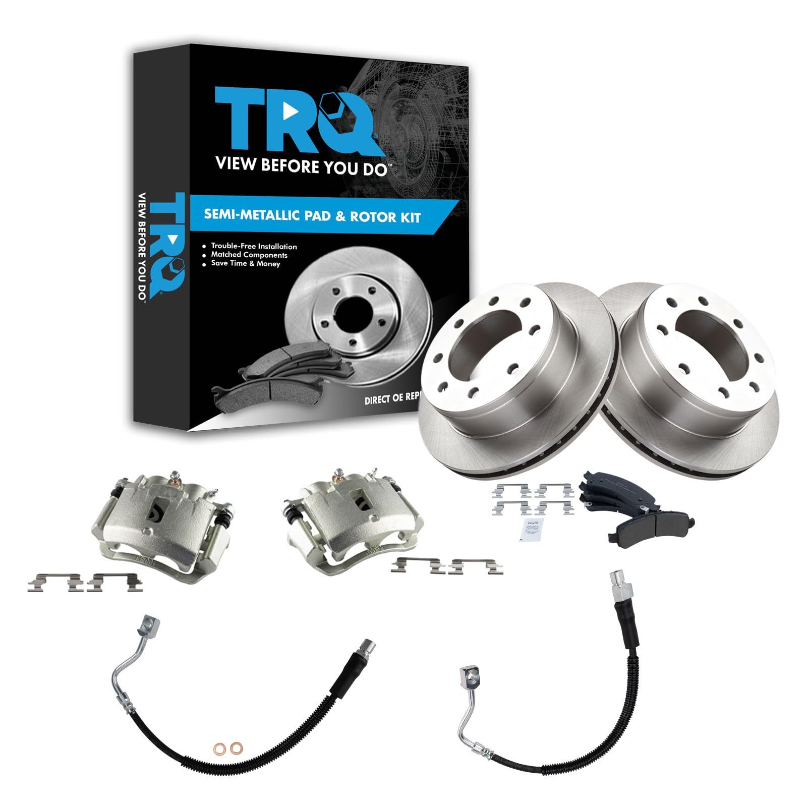 TRQ Rear Brake Pad Caliper Hose &amp; Rotor Kit Semi-Metallic