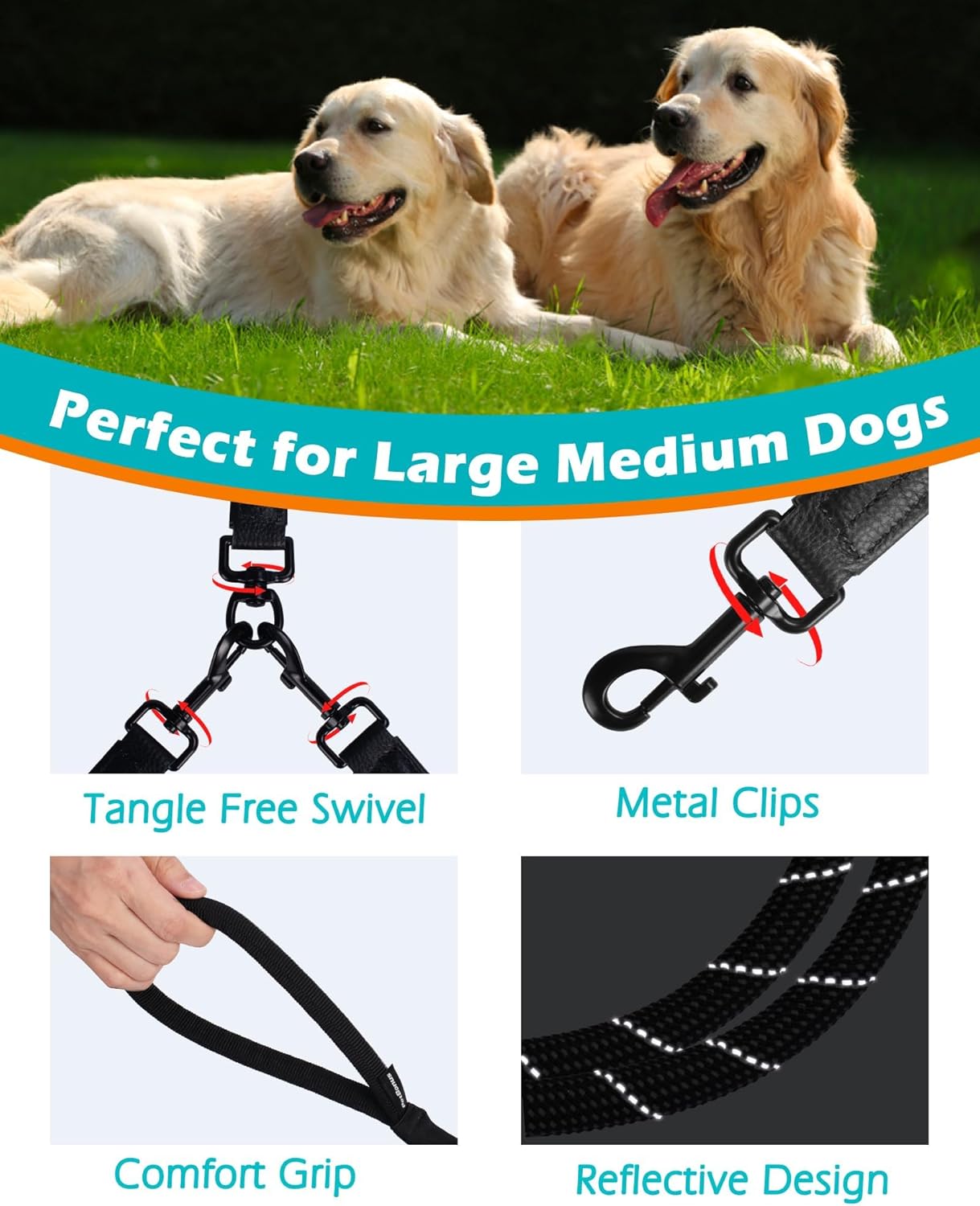 PetBonus Rope Double Dog Leash, No Tangle Dual Leash, Reflective Walking Training Lead with Two Comfortable Padded Handles, Lead Coupler for Medium Large Dogs (55-200 lbs, Black)
