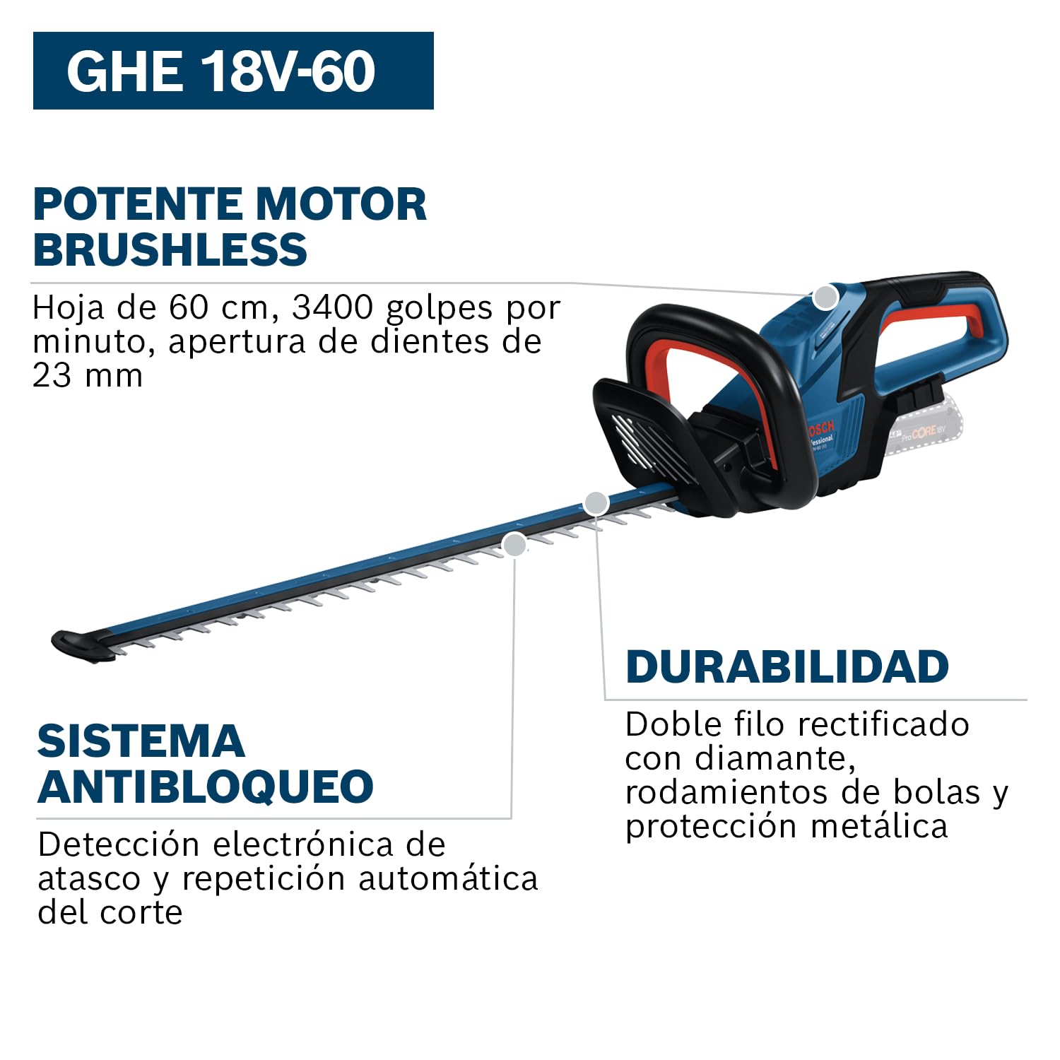 Bosch Professional 18V System cortasetos a batería GHE 18V-60 (motor sin escobillas, capacidad de corte de 20 mm)