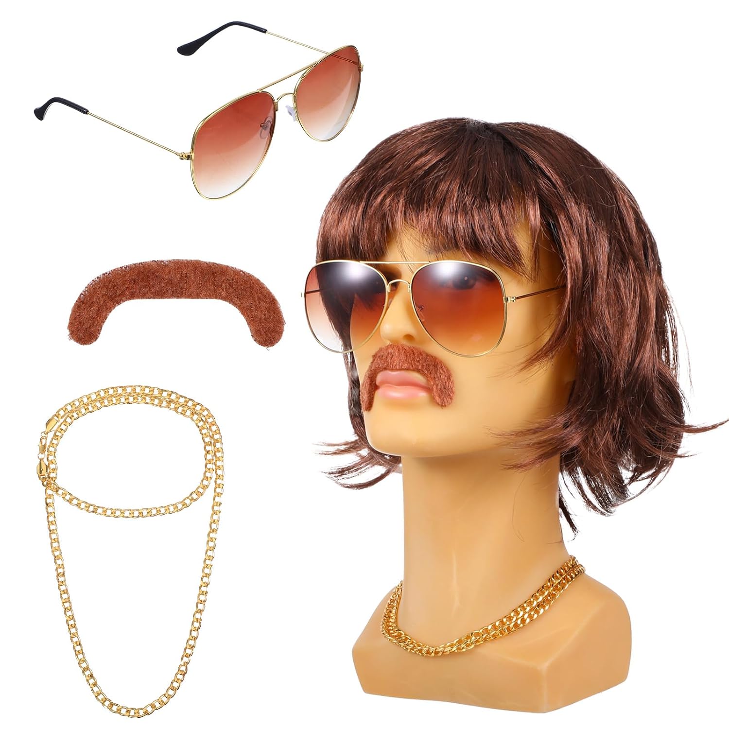 70s 80s Wigs for Men with Mustache Glasses and Chain, Short Brown Curl Mullet Disco Wig for Rocker Singer Hippie Retro Cosplay Halloween Party