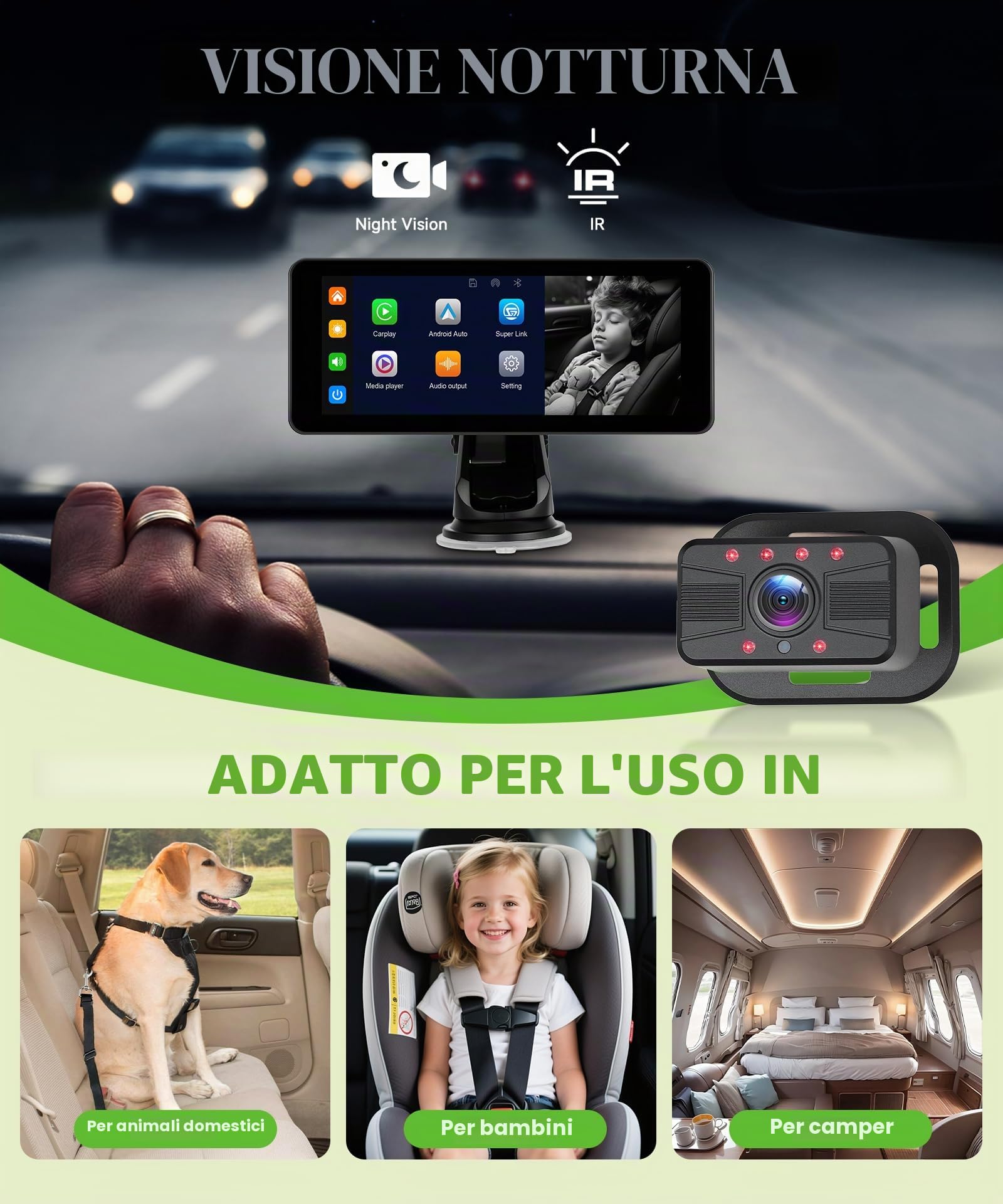 VECHTEL Sedile posteriore per bambini telecamera con schermo diviso da 6,86 pollici HD 720P,on Carplay Android Auto, telecamera auto con visione notturna e rotazione a 360,con a ventosa/64 GB SD
