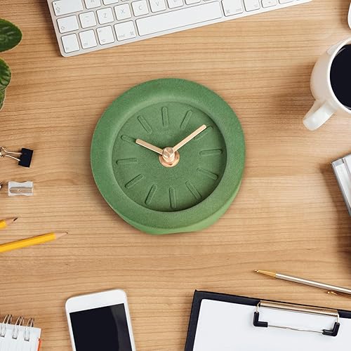 Miniatura 7 de Reloj analógico de escritorio pequeño, funciona con pilas, mesa retro verde flocado con cemento junto al estante, reloj analógico simple de mediados