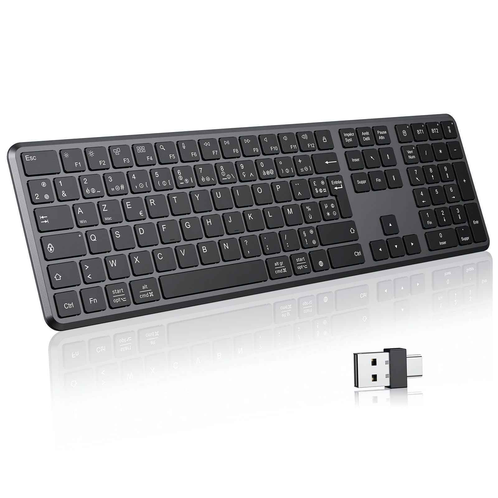 OMOTON Clavier sans Fil Bluetooth + 2.4G AZERTY pour PC/Windows/Mac, Noir | 3 Canaux Multi-appareils, Pleine Taille, Rechargeable, Ultra-Mince, Connexion Stable, Silencieux, Les ciseaux, Ergonomique